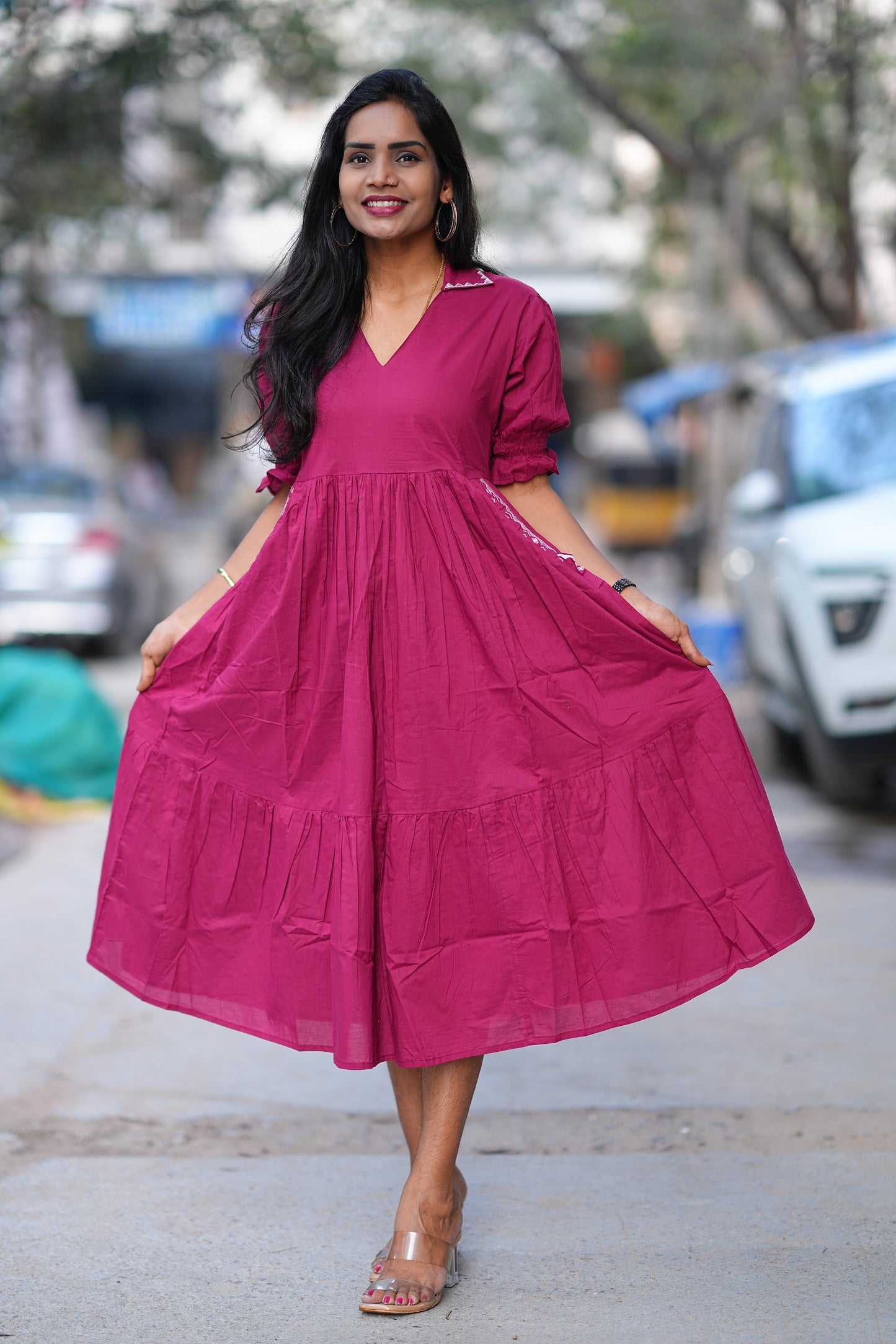 Dark Pink Color Daily Wear Frock Without Lining