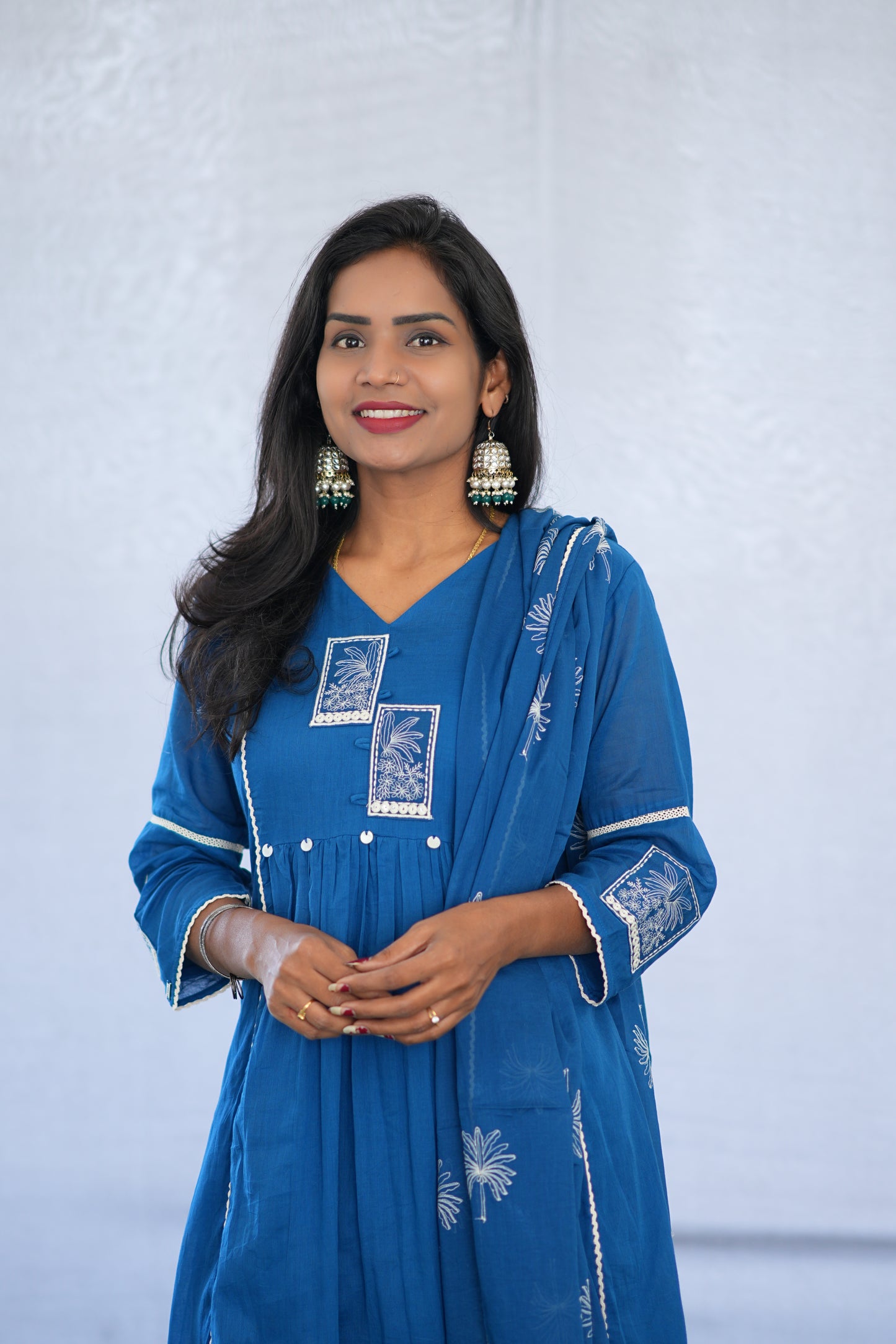 Blue Viscose Fabric Party Wear 3 Piece set With Lining and Embroidery work