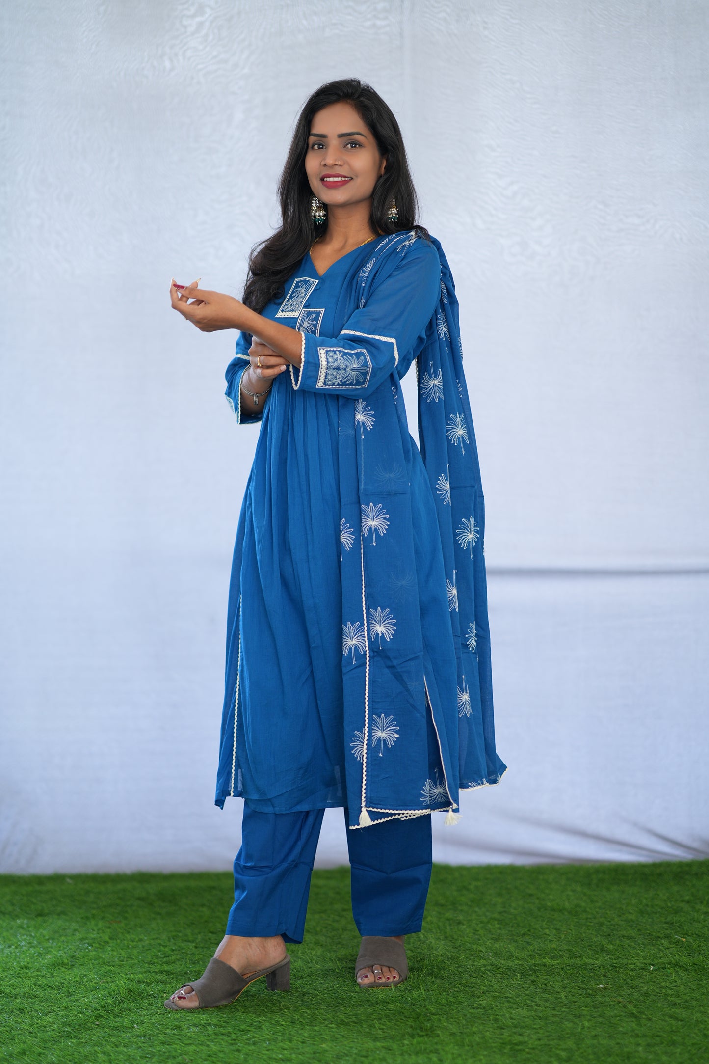 Blue Viscose Fabric Party Wear 3 Piece set With Lining and Embroidery work
