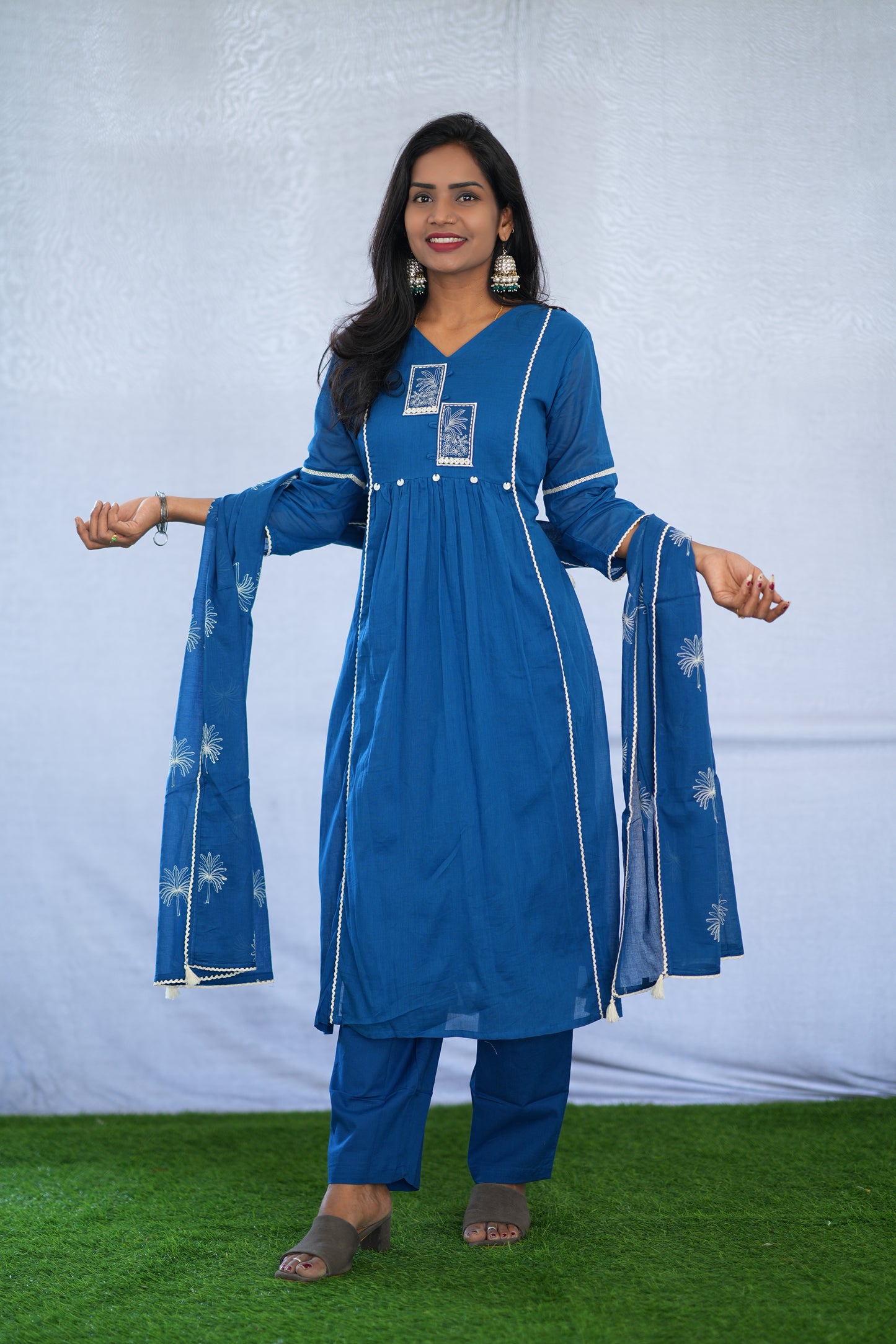 Blue Viscose Fabric Party Wear 3 Piece set With Lining and Embroidery work