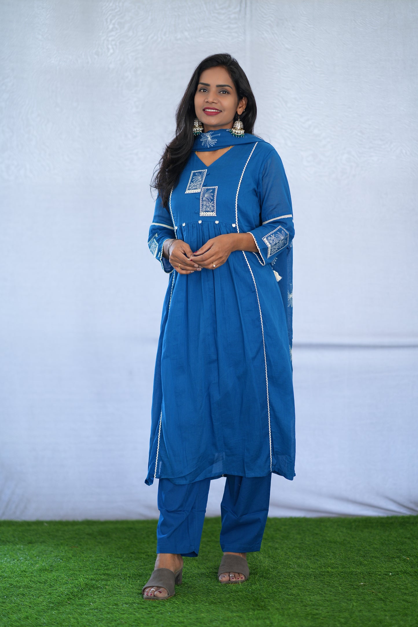 Blue Viscose Fabric Party Wear 3 Piece set With Lining and Embroidery work