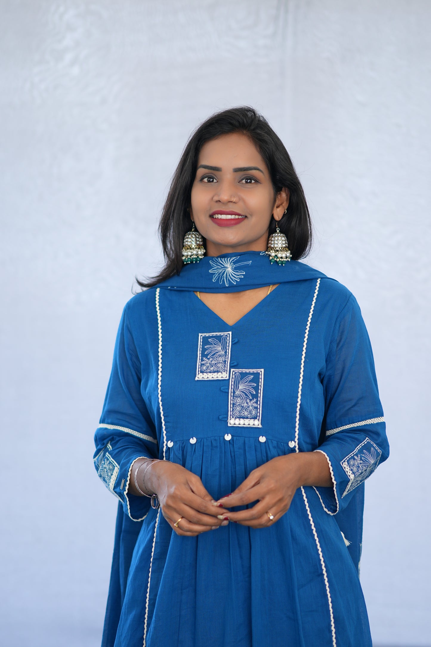 Blue Viscose Fabric Party Wear 3 Piece set With Lining and Embroidery work