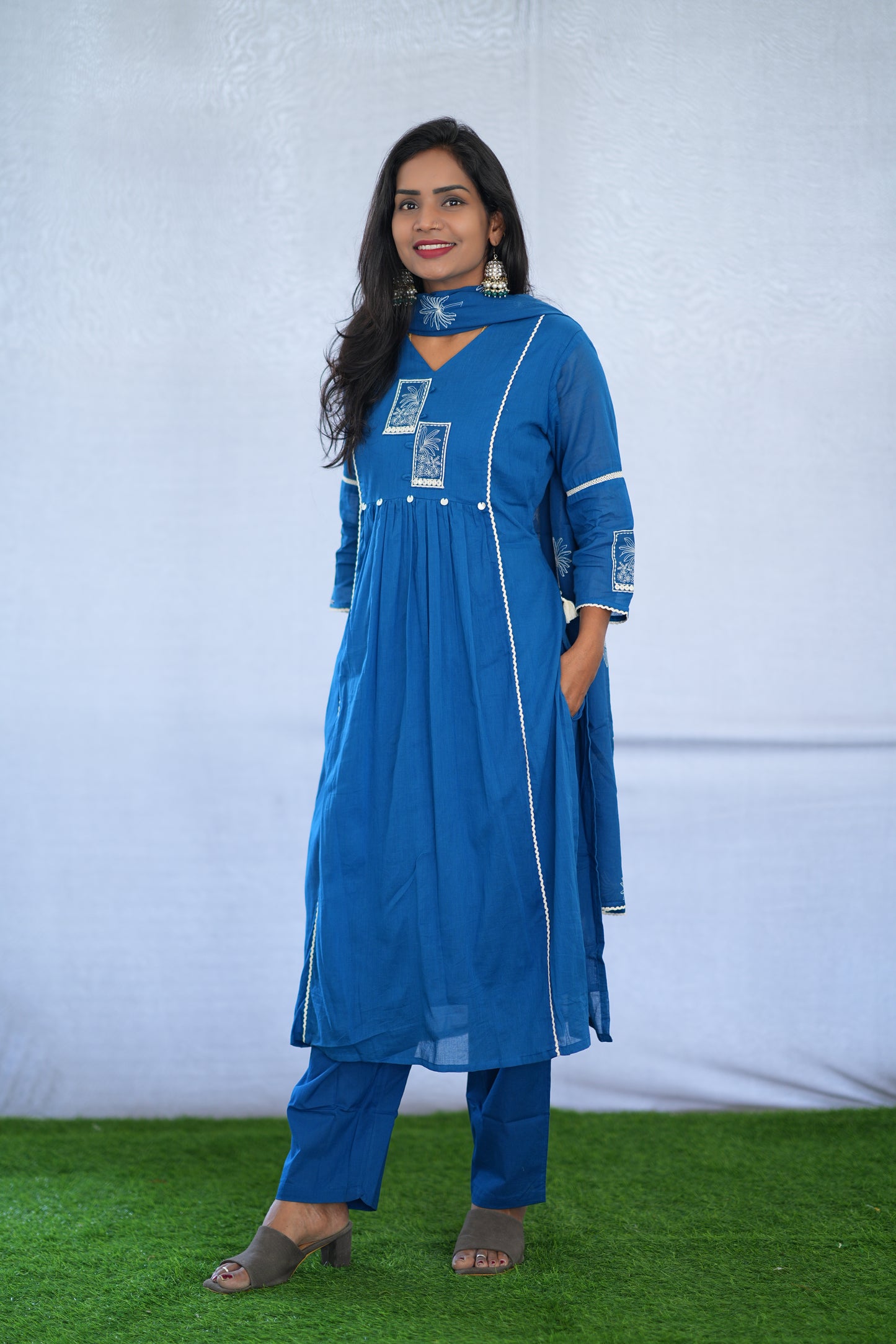 Blue Viscose Fabric Party Wear 3 Piece set With Lining and Embroidery work