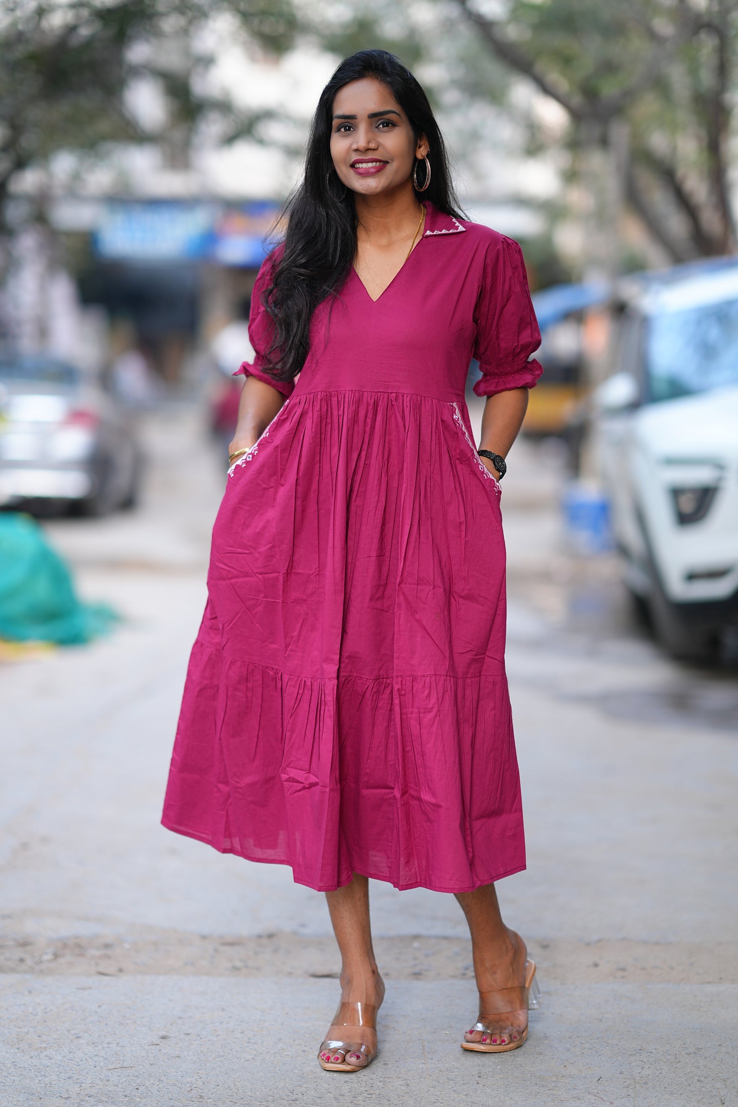 Dark Pink Color Daily Wear Frock Without Lining