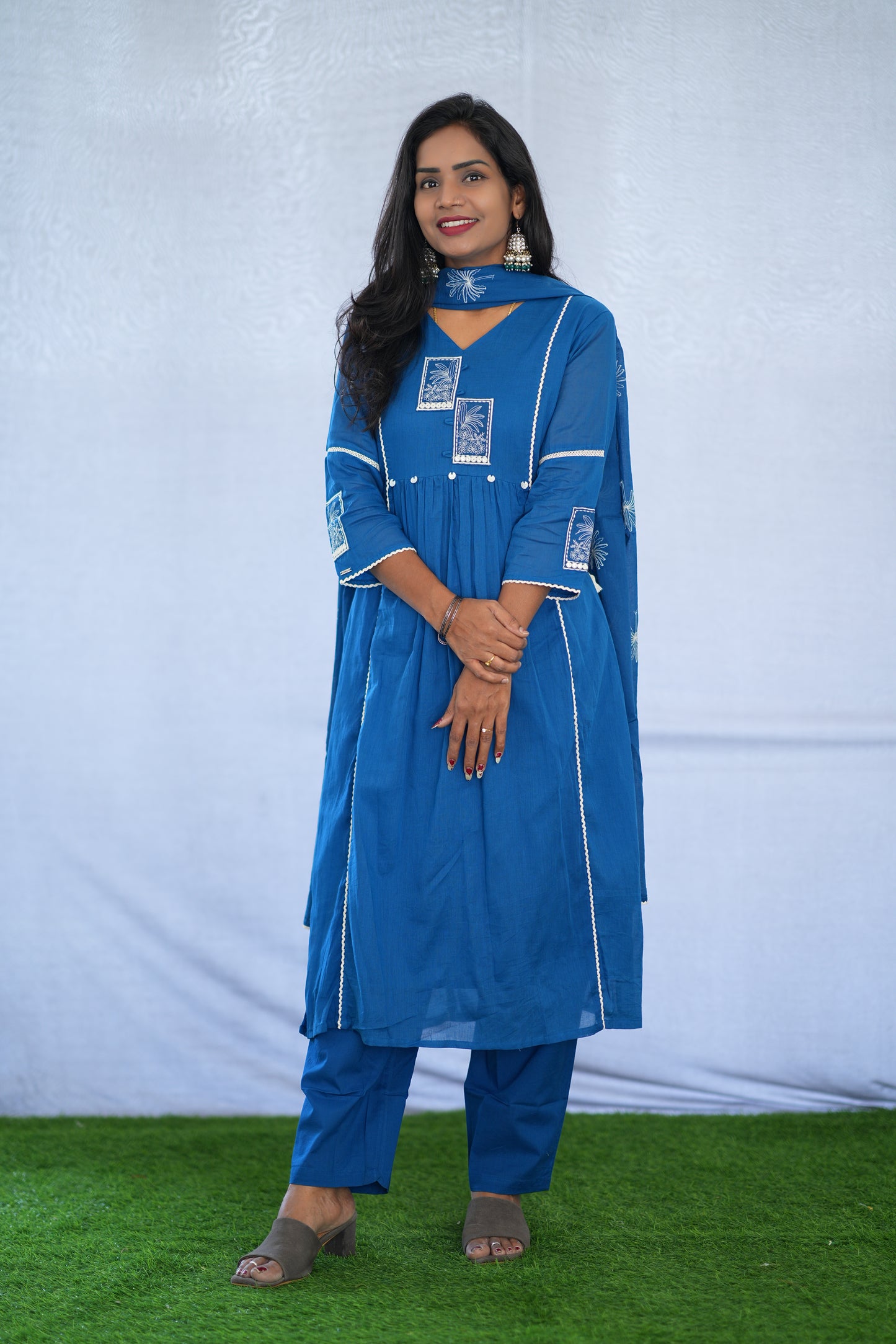 Blue Viscose Fabric Party Wear 3 Piece set With Lining and Embroidery work
