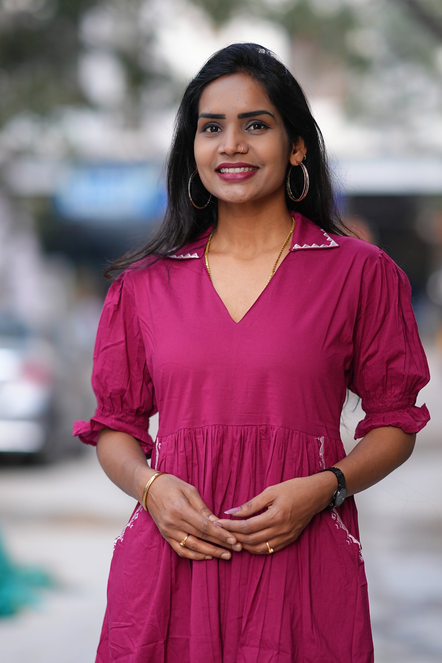 Dark Pink Color Daily Wear Frock Without Lining