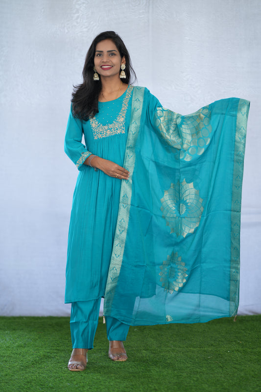 Teal Blue Color Viscose Fabric Party Wear 3 Piece set With Embroidery work