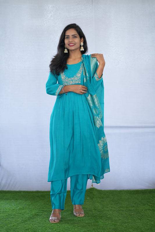 Teal Blue Color Viscose Fabric Party Wear 3 Piece set With Embroidery work