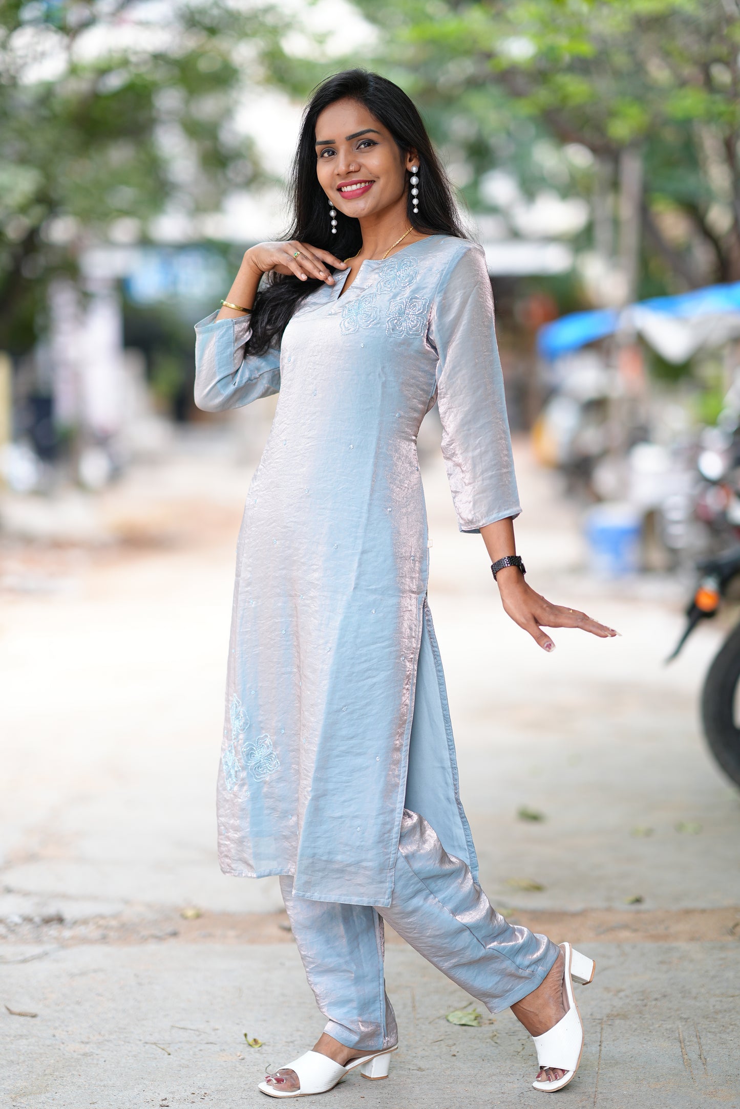 Grey Color Premium Space Silk Designer Wear cordset