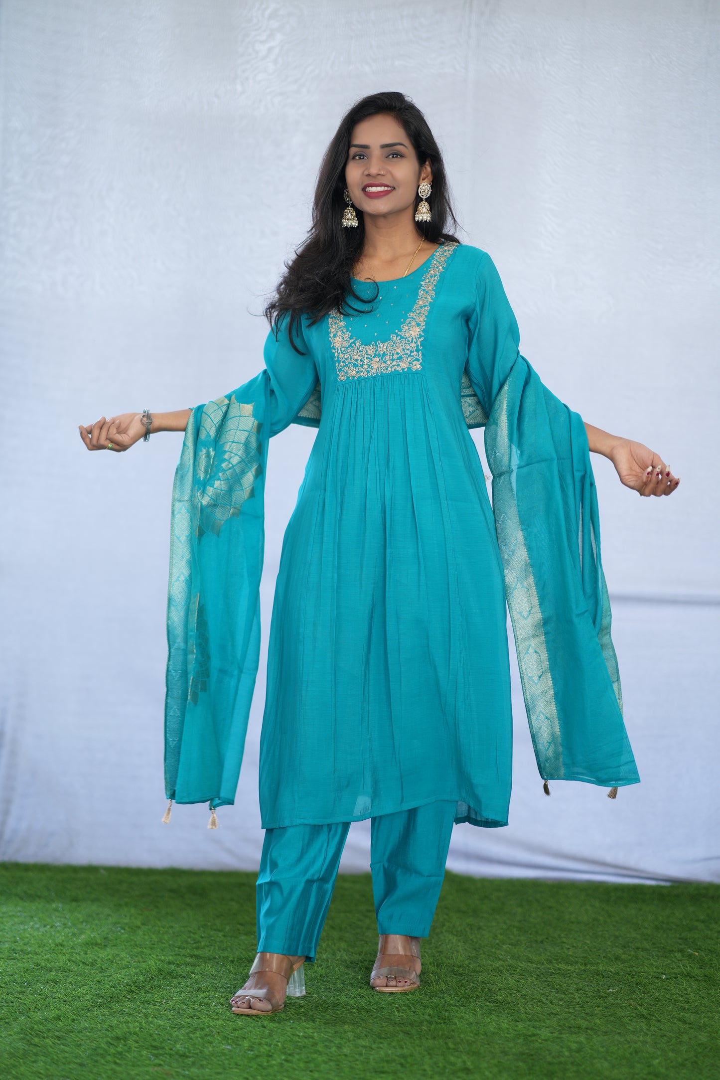 Teal Blue Color Viscose Fabric Party Wear 3 Piece set With Embroidery work