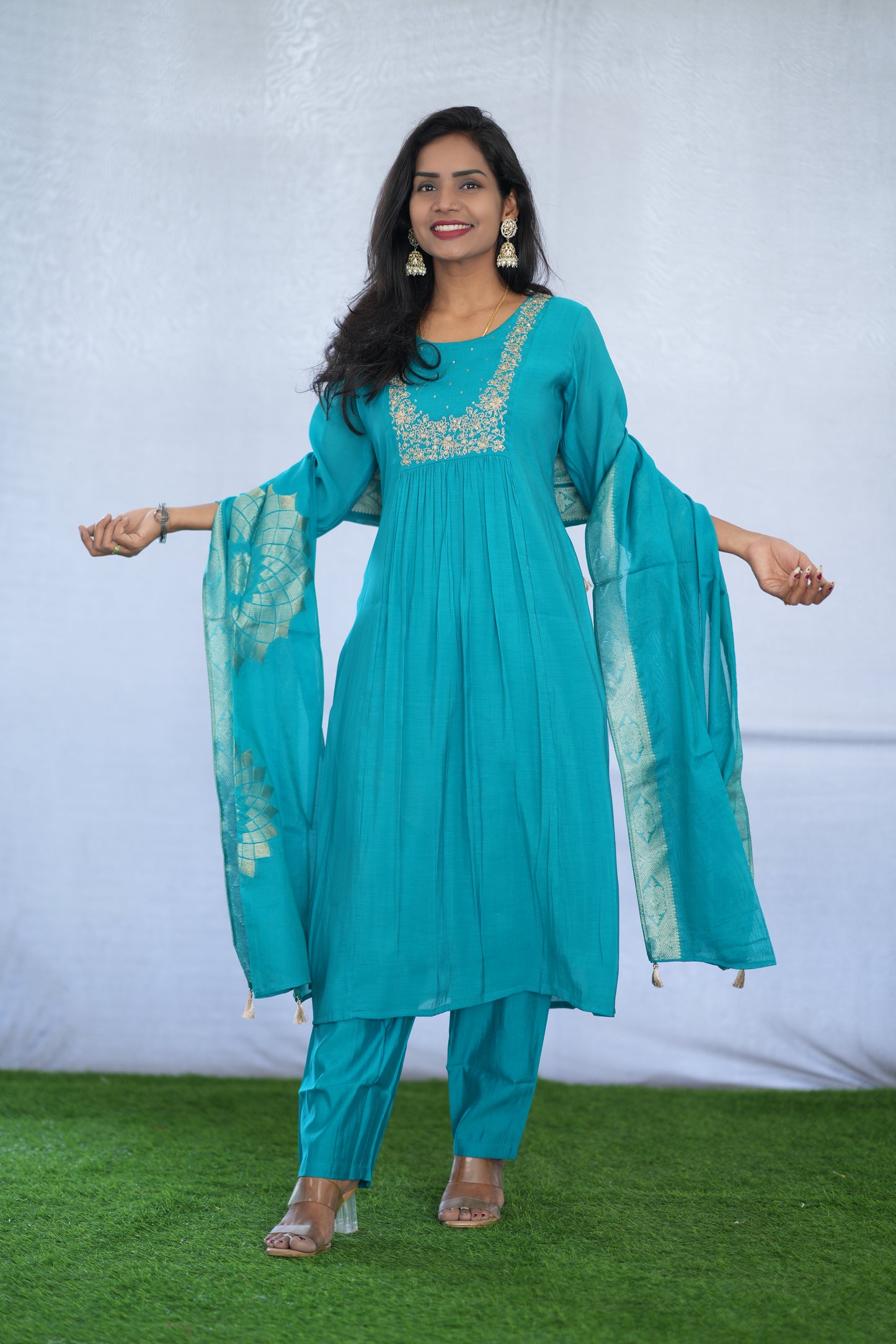Teal Blue Color Viscose Fabric Party Wear 3 Piece set With Embroidery work