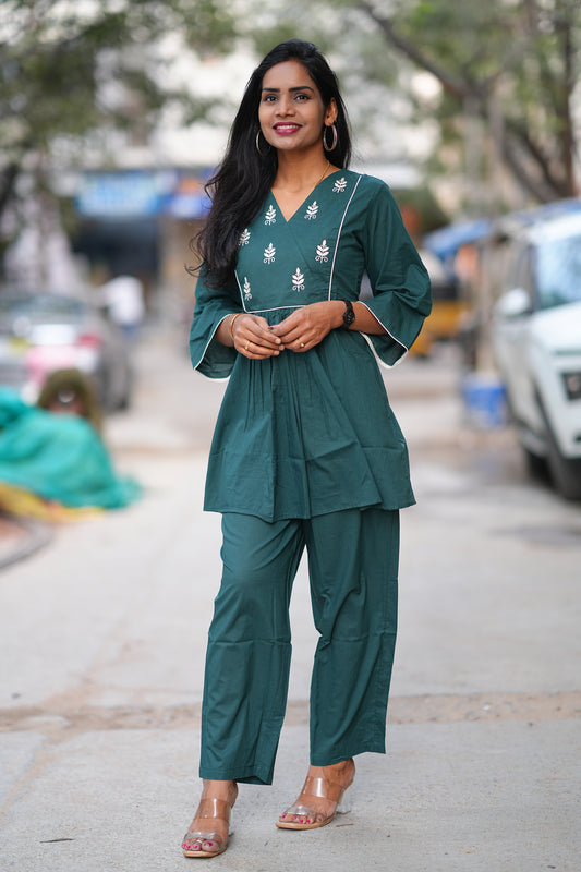 Teal Green Jaipur Cotton Cordset with Embriodary Work