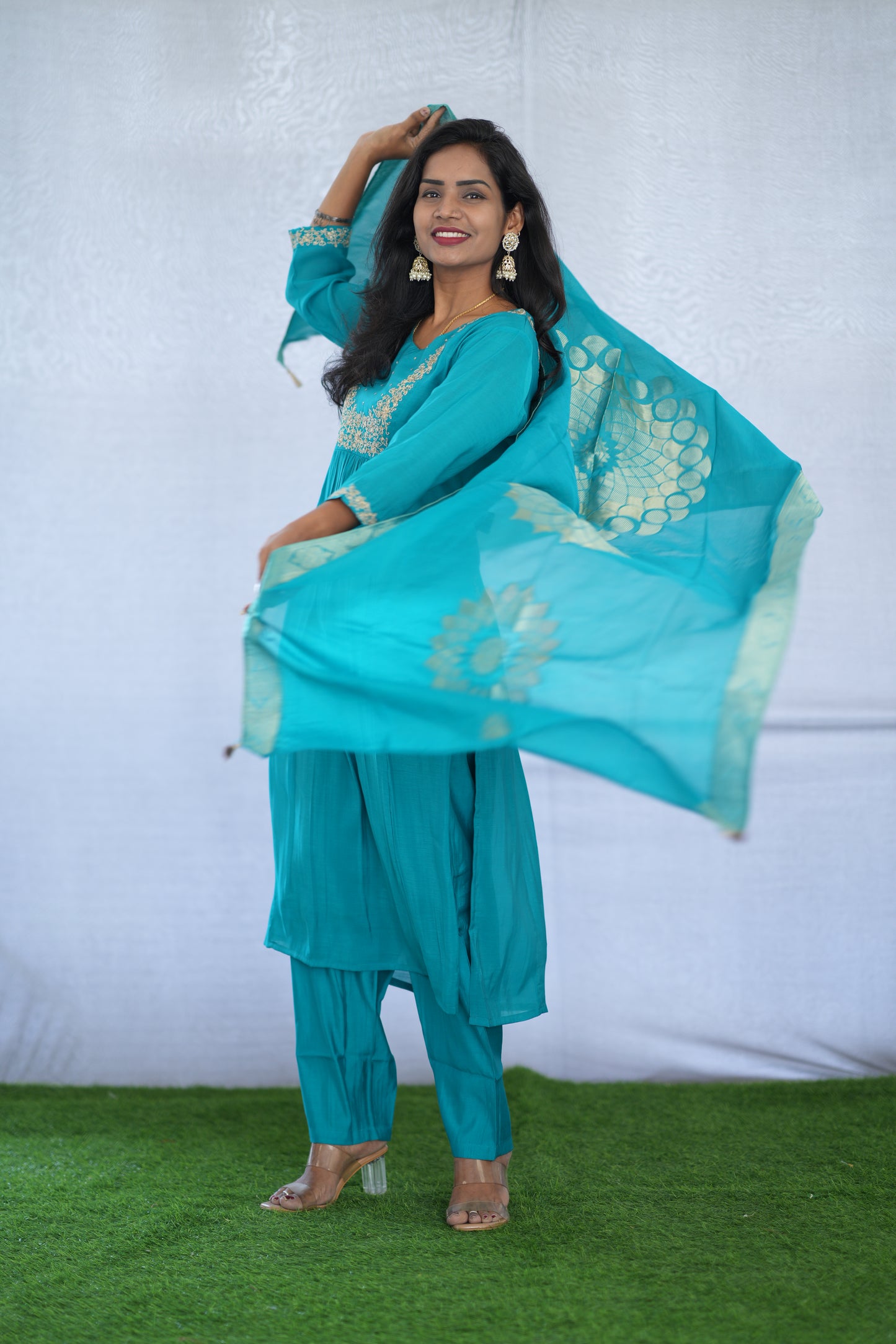 Teal Blue Color Viscose Fabric Party Wear 3 Piece set With Embroidery work