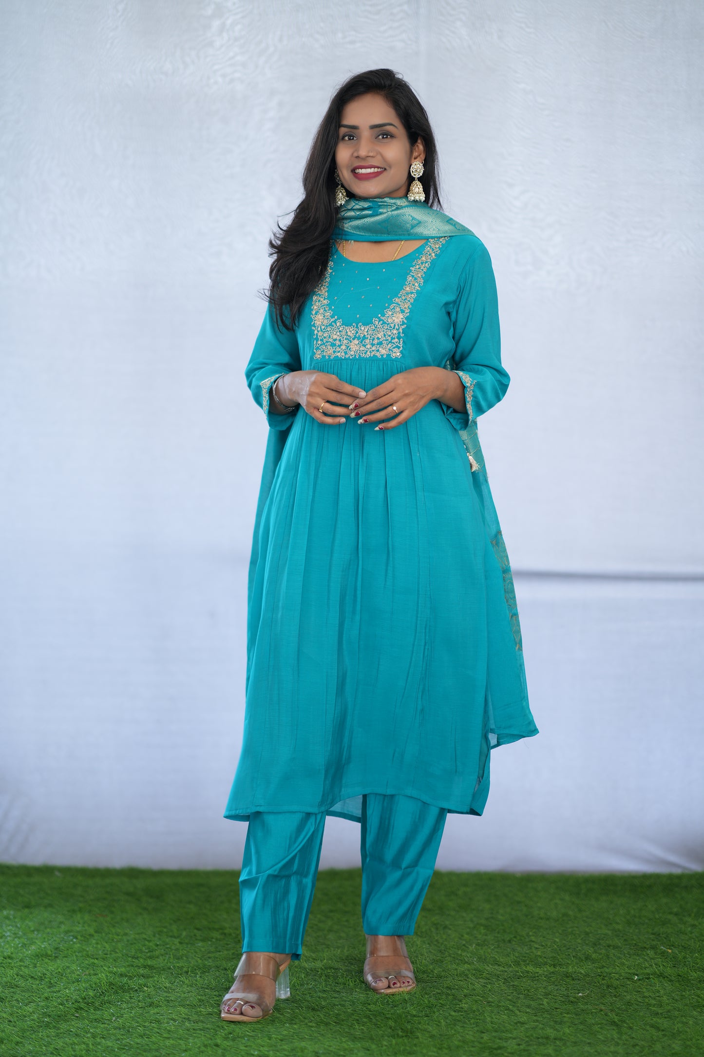 Teal Blue Color Viscose Fabric Party Wear 3 Piece set With Embroidery work
