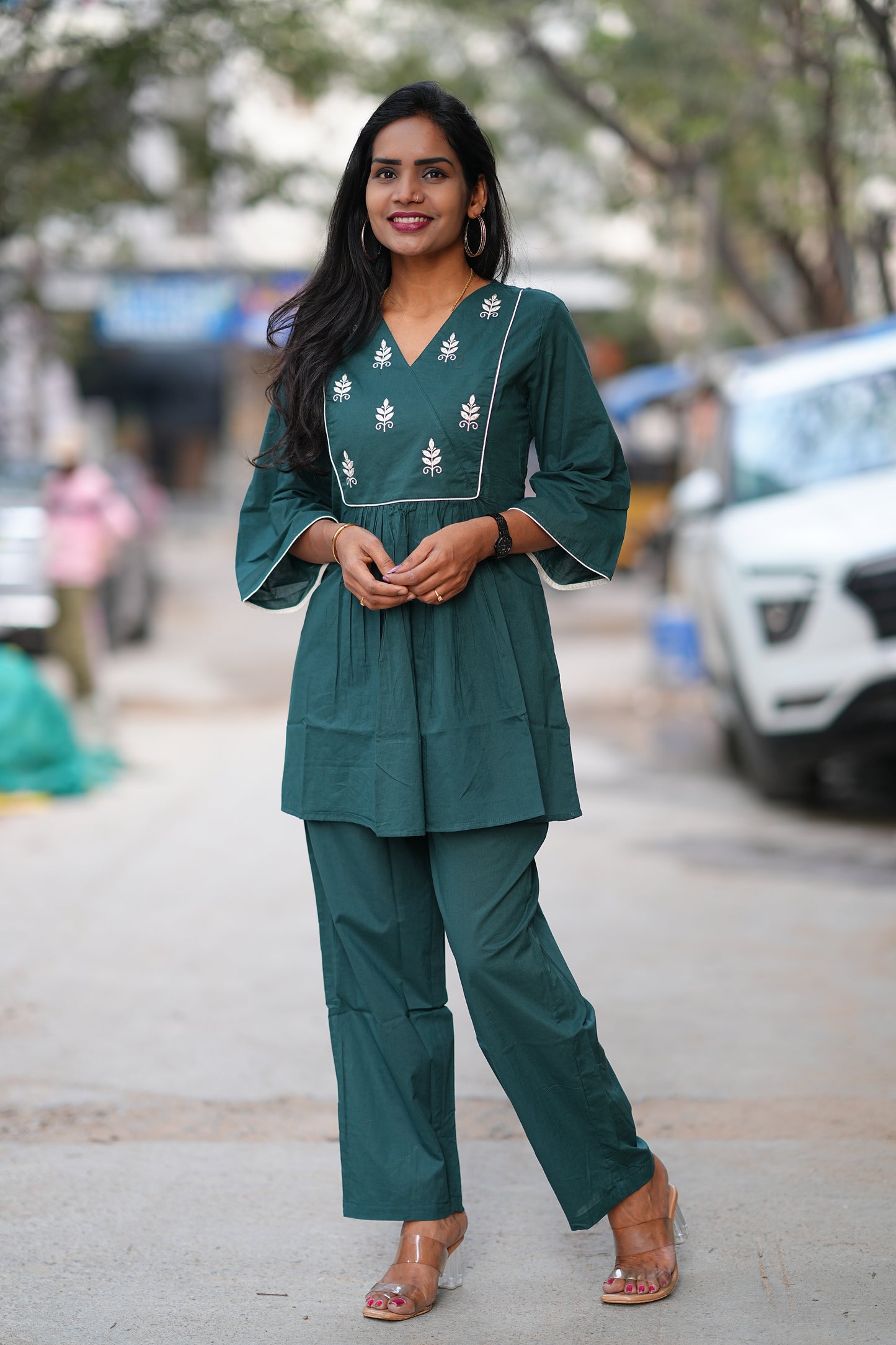 Teal Green Jaipur Cotton Cordset with Embriodary Work