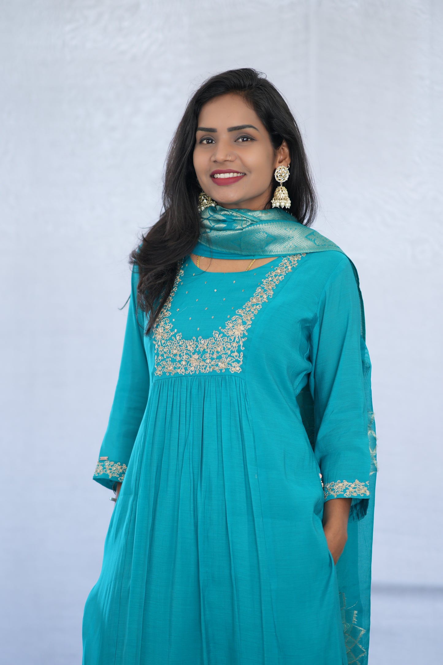 Teal Blue Color Viscose Fabric Party Wear 3 Piece set With Embroidery work
