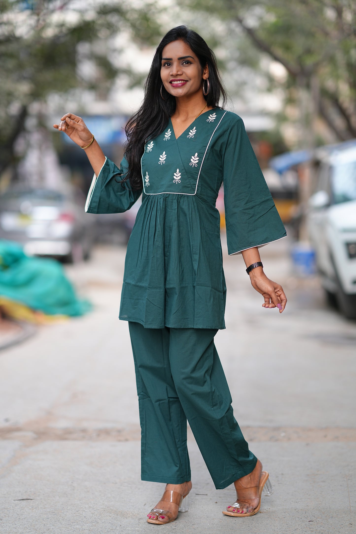 Teal Green Jaipur Cotton Cordset with Embriodary Work