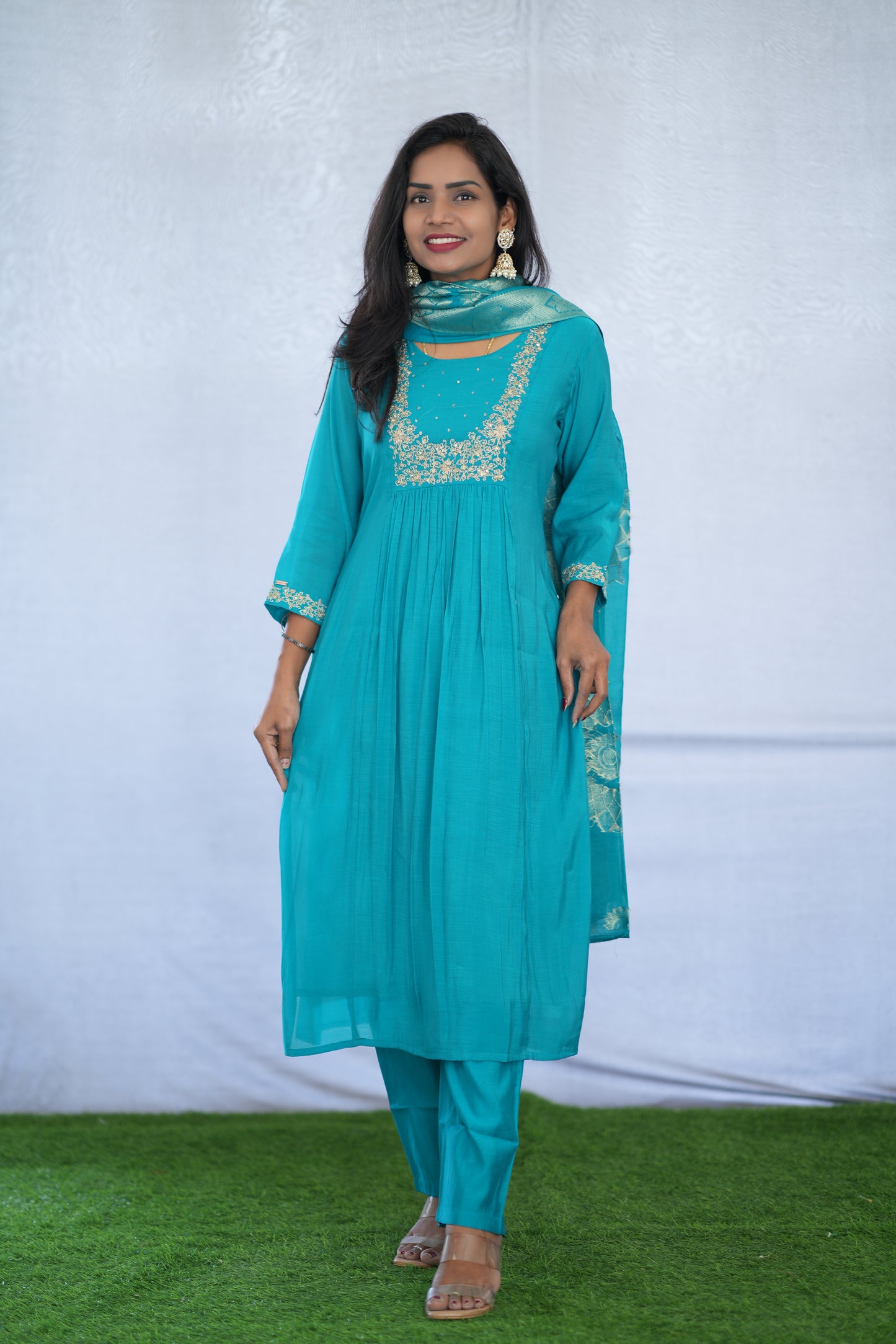 Teal Blue Color Viscose Fabric Party Wear 3 Piece set With Embroidery work