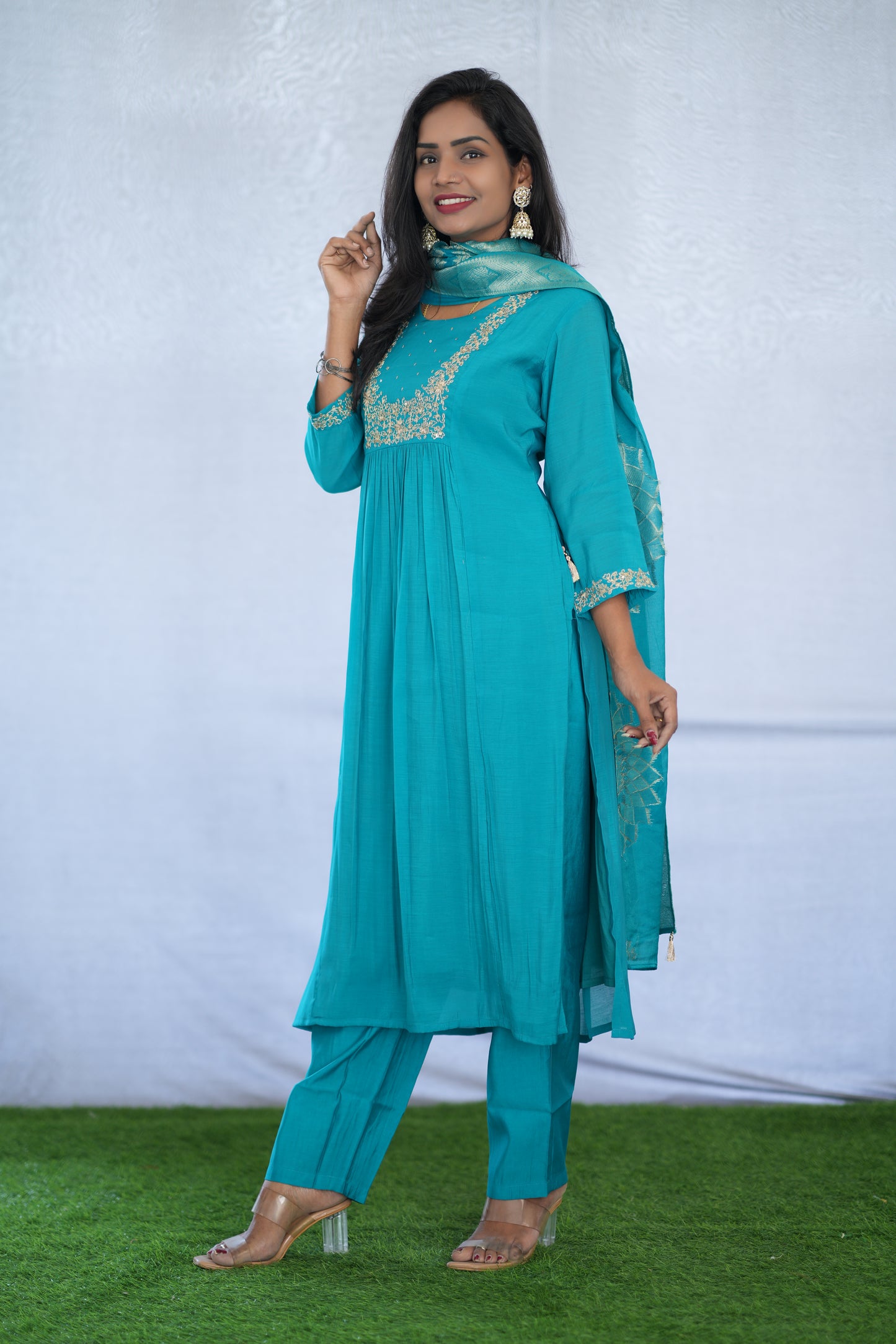 Teal Blue Color Viscose Fabric Party Wear 3 Piece set With Embroidery work