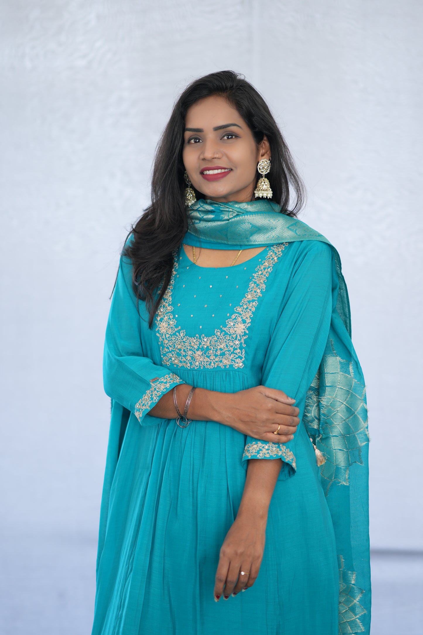 Teal Blue Color Viscose Fabric Party Wear 3 Piece set With Embroidery work