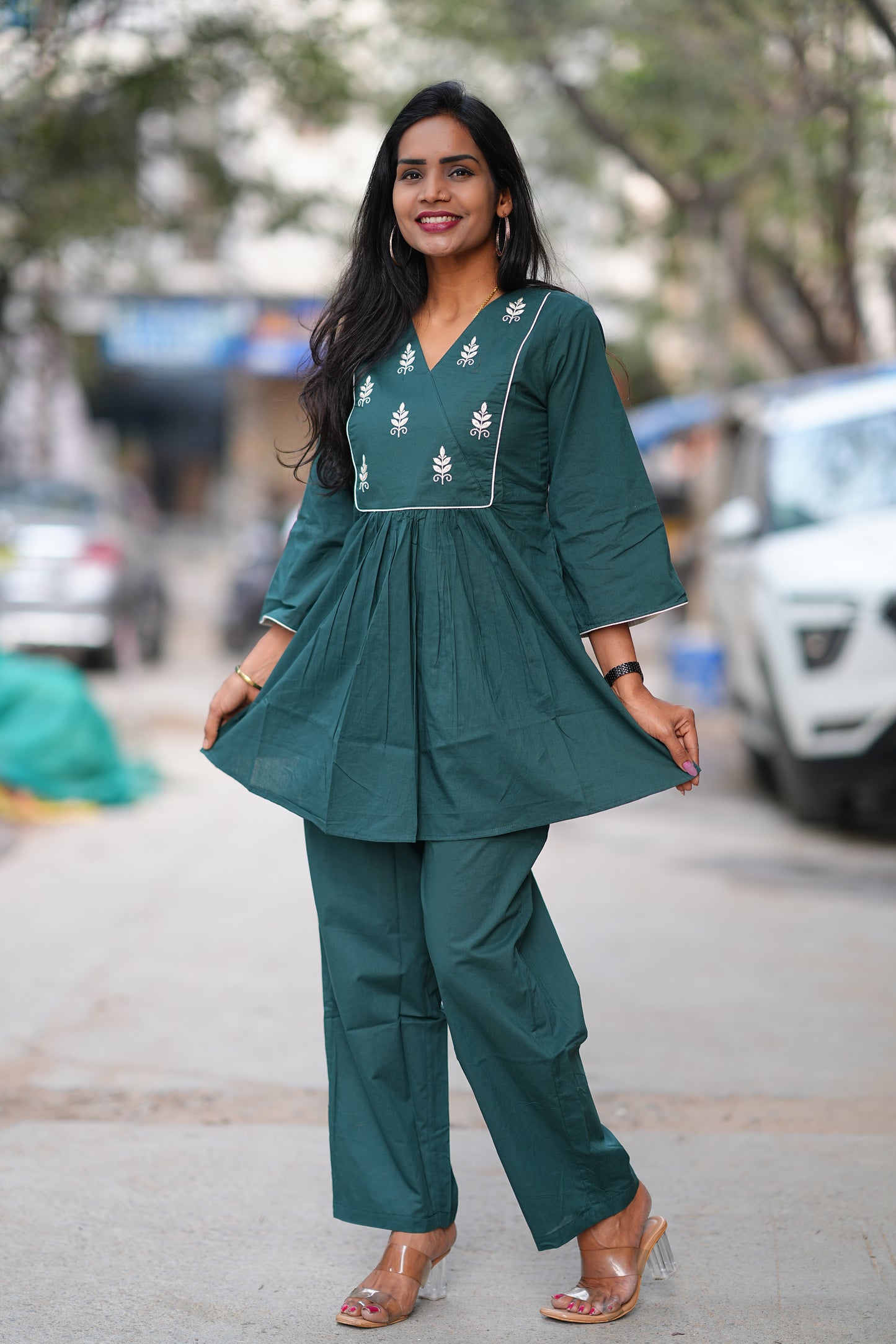 Teal Green Jaipur Cotton Cordset with Embriodary Work