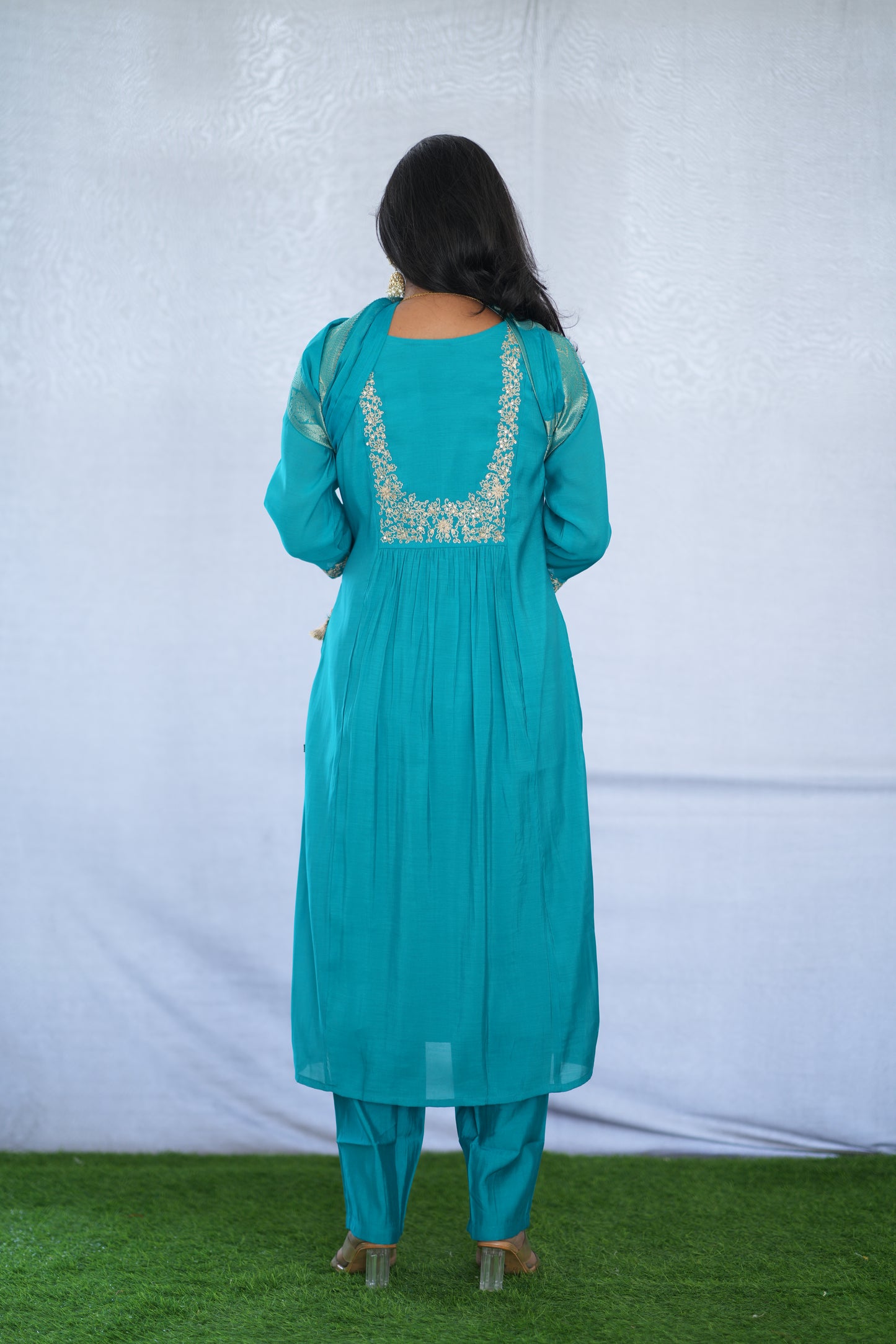 Teal Blue Color Viscose Fabric Party Wear 3 Piece set With Embroidery work