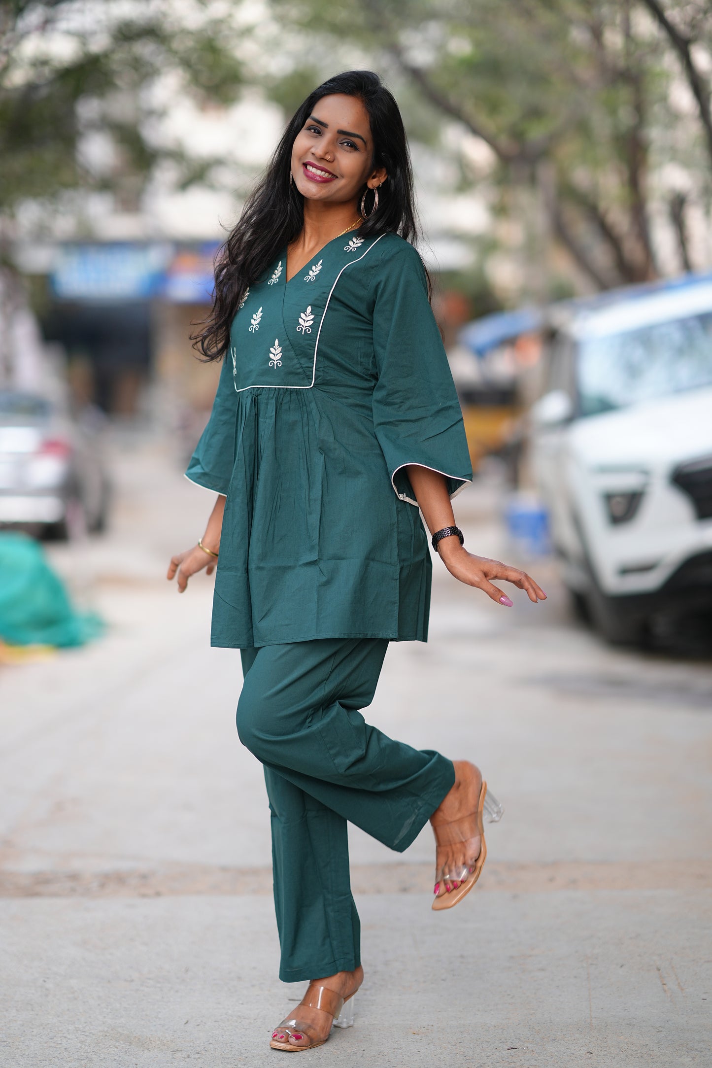 Teal Green Jaipur Cotton Cordset with Embriodary Work