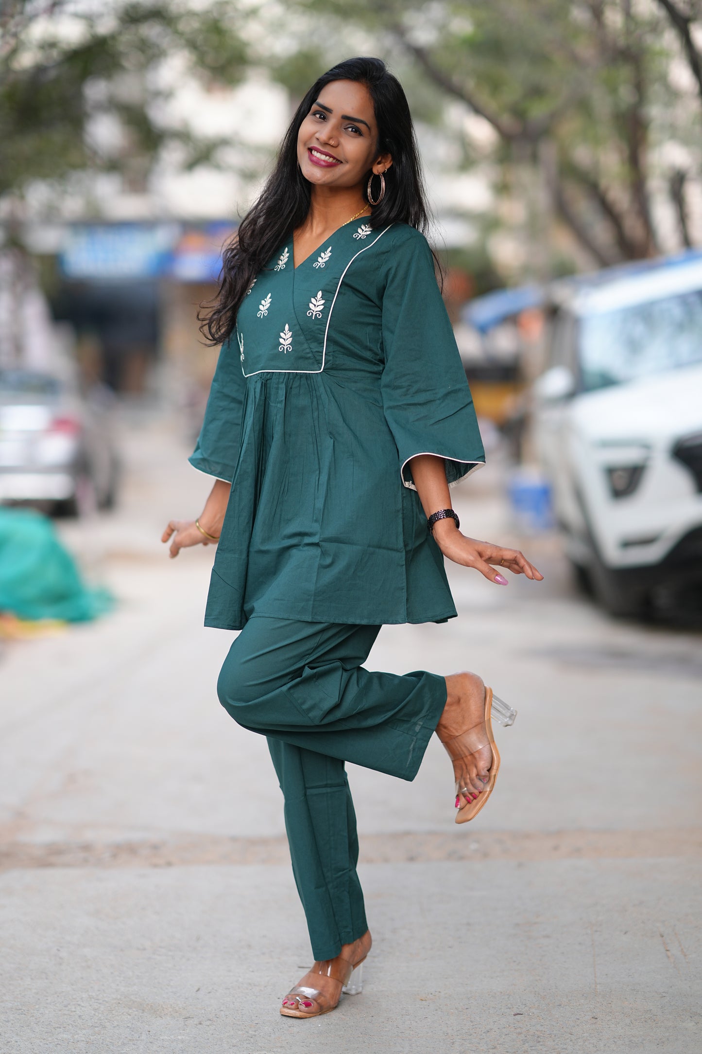 Teal Green Jaipur Cotton Cordset with Embriodary Work