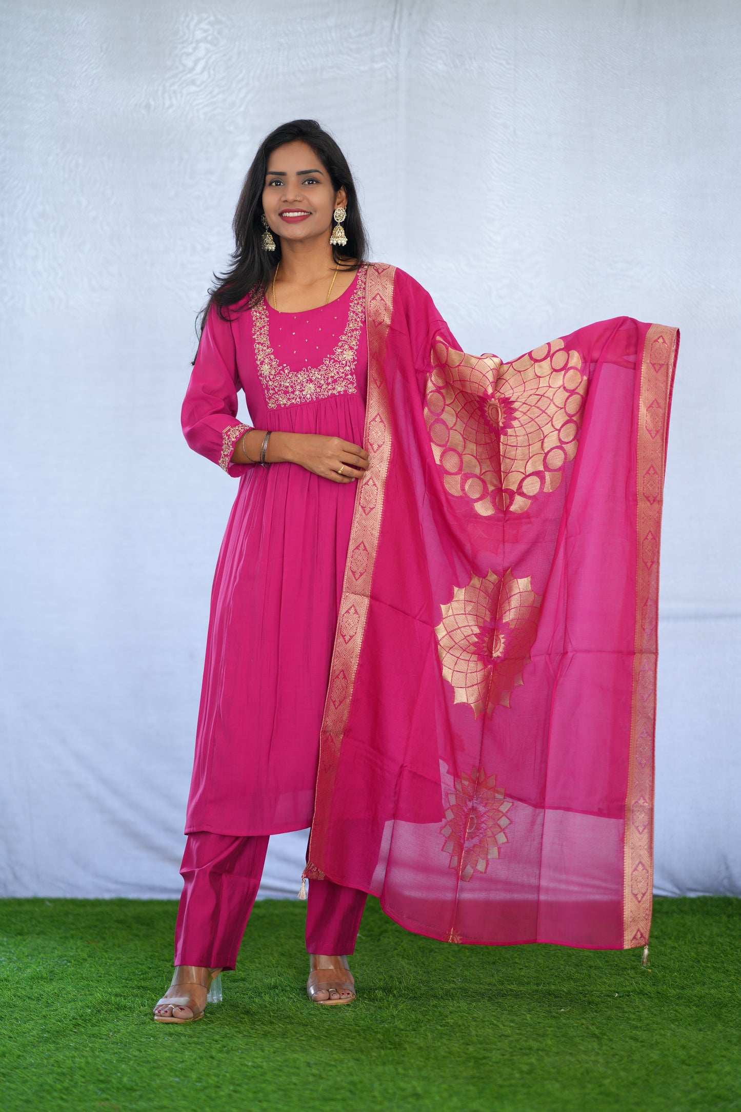 Rani Pink Color Viscose Fabric Party Wear 3 Piece set With Embroidery work
