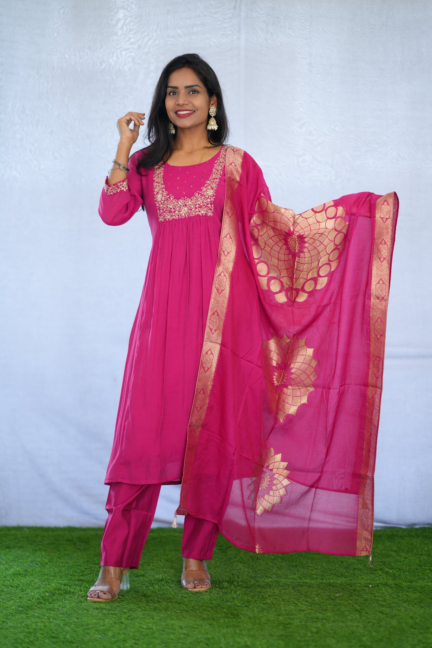 Rani Pink Color Viscose Fabric Party Wear 3 Piece set With Embroidery work