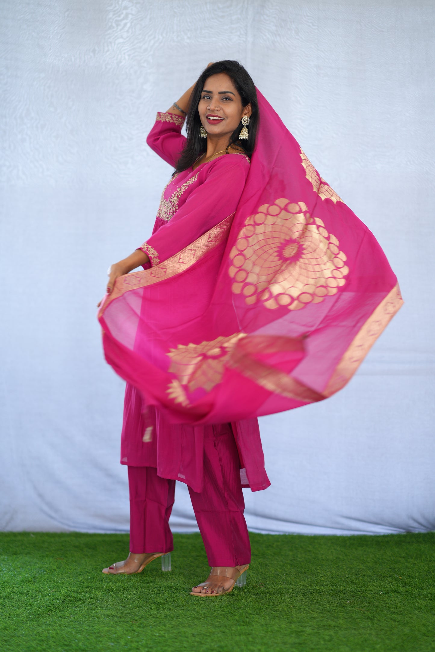 Rani Pink Color Viscose Fabric Party Wear 3 Piece set With Embroidery work