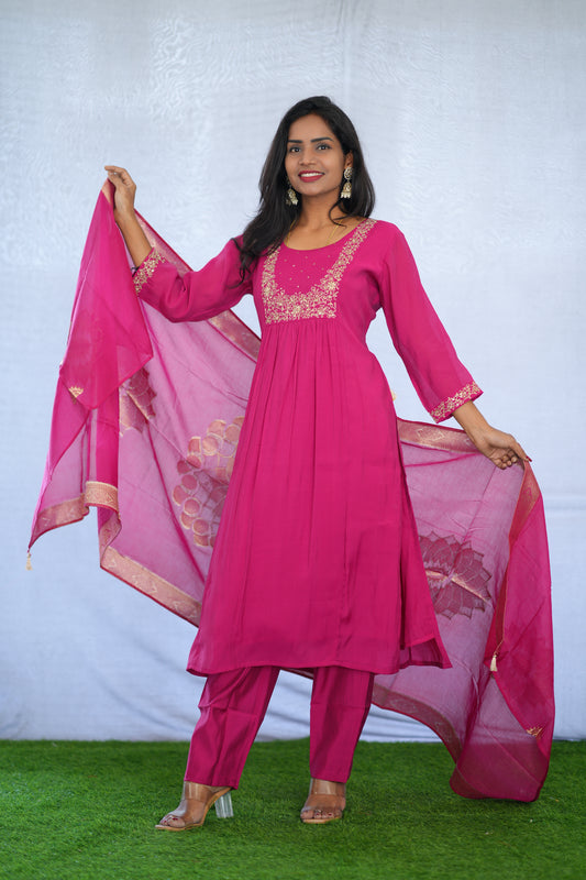 Rani Pink Color Viscose Fabric Party Wear 3 Piece set With Embroidery work