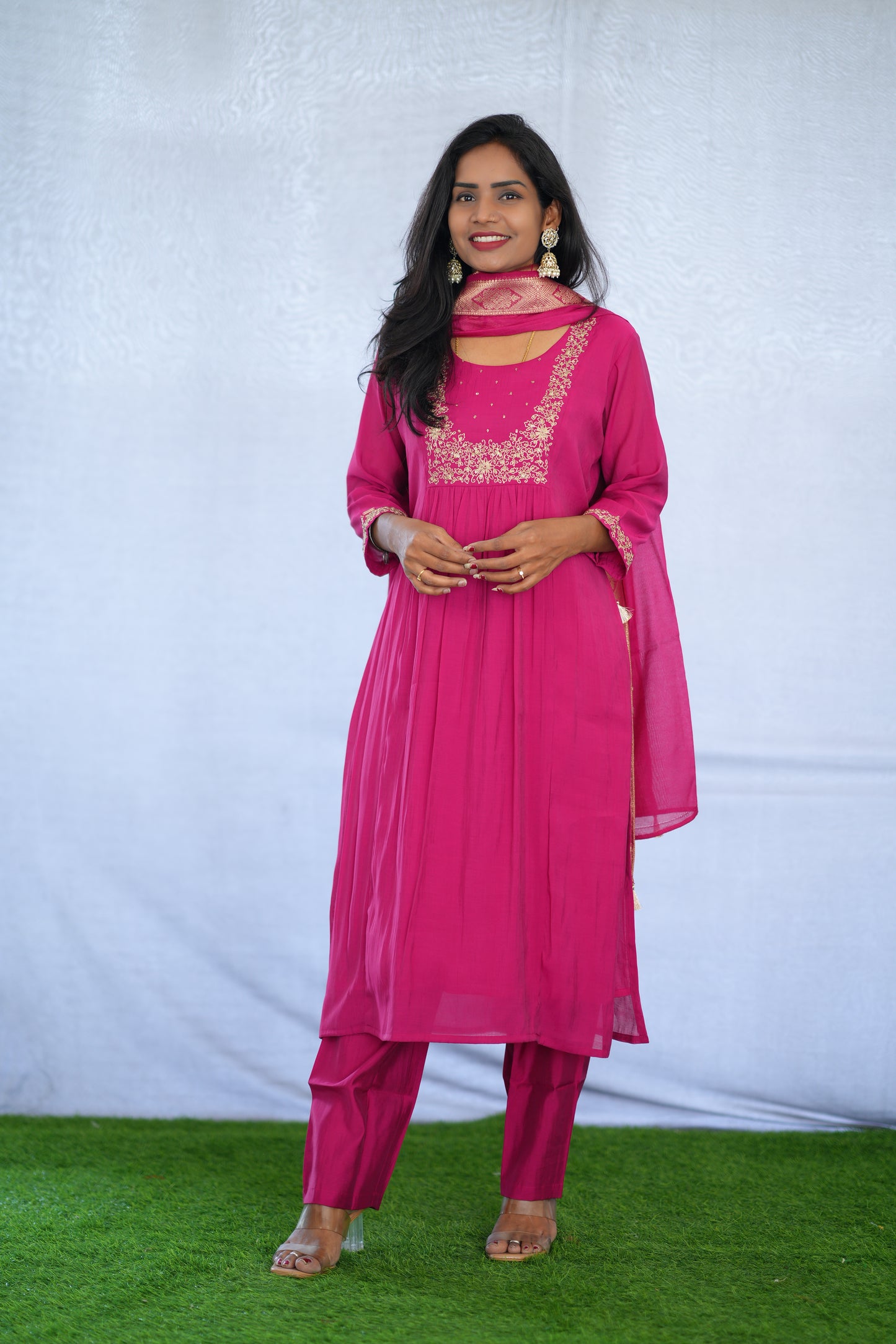 Rani Pink Color Viscose Fabric Party Wear 3 Piece set With Embroidery work