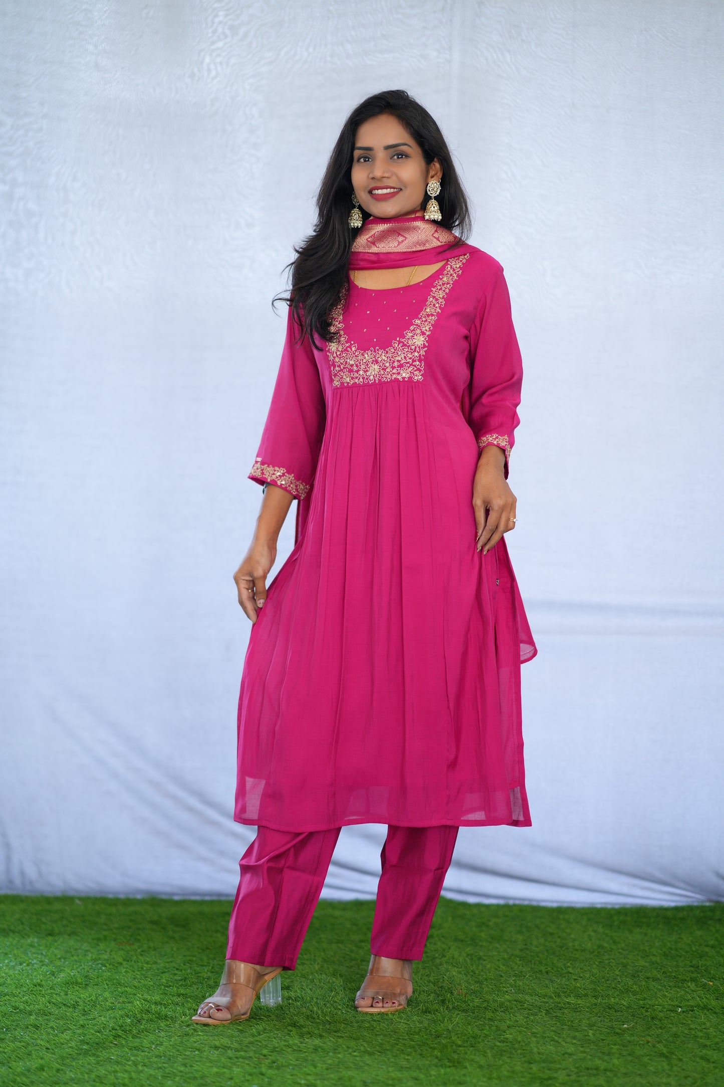 Rani Pink Color Viscose Fabric Party Wear 3 Piece set With Embroidery work