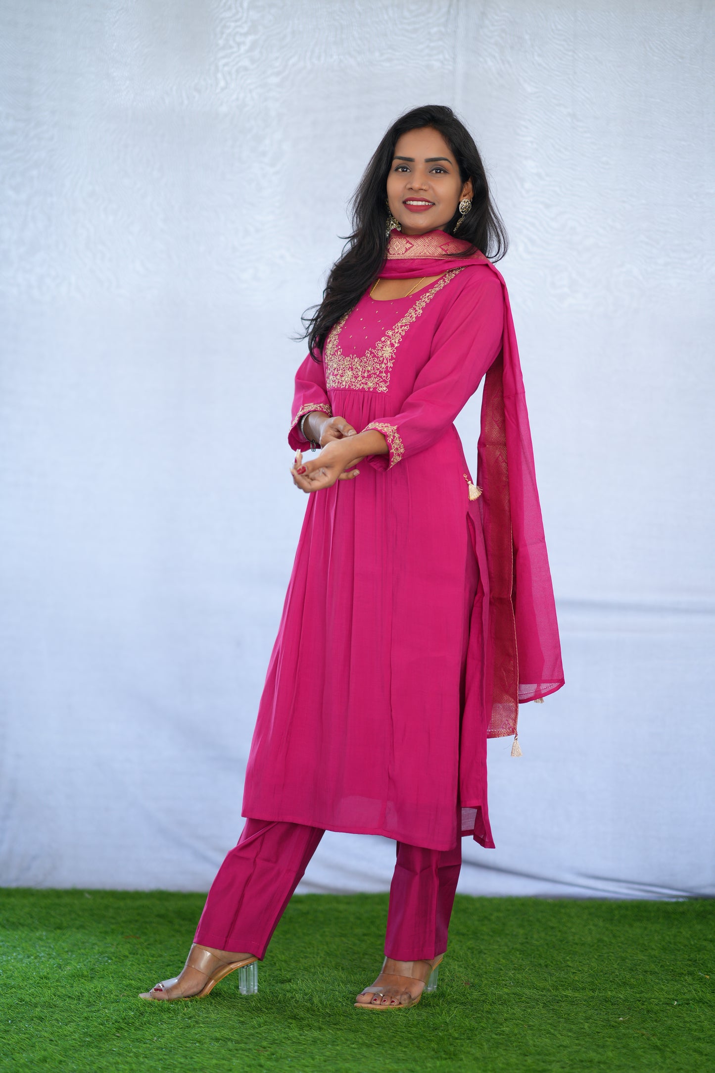 Rani Pink Color Viscose Fabric Party Wear 3 Piece set With Embroidery work