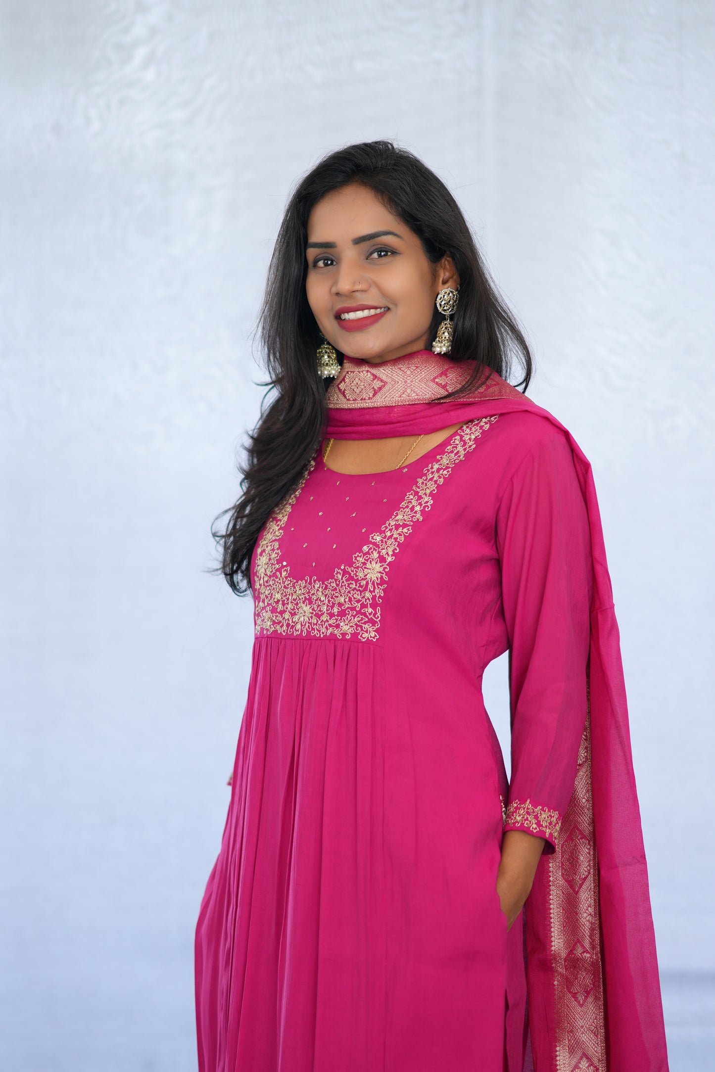 Rani Pink Color Viscose Fabric Party Wear 3 Piece set With Embroidery work