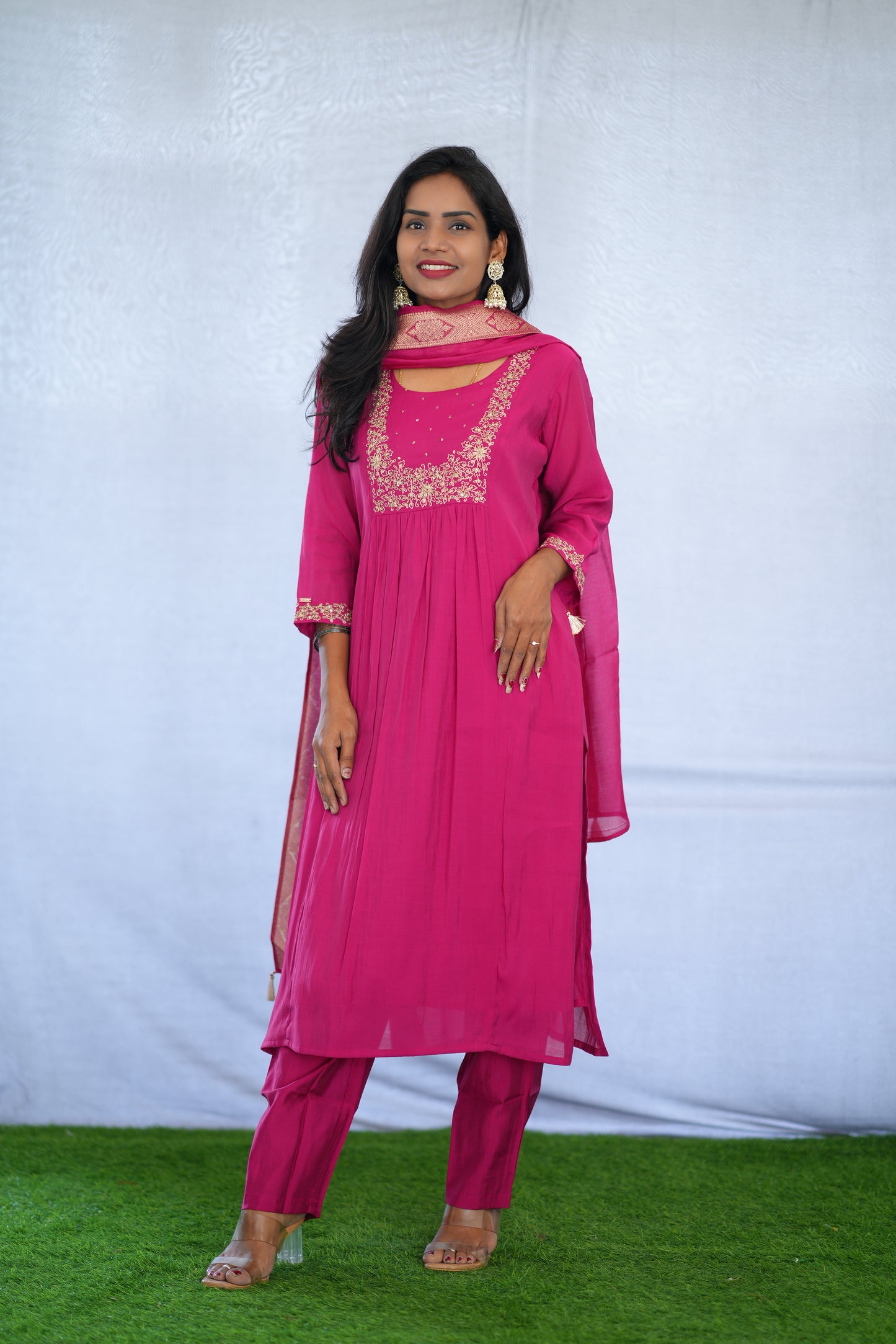 Rani Pink Color Viscose Fabric Party Wear 3 Piece set With Embroidery work