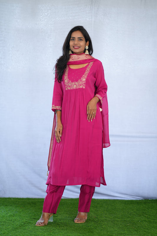 Rani Pink Color Viscose Fabric Party Wear 3 Piece set With Embroidery work