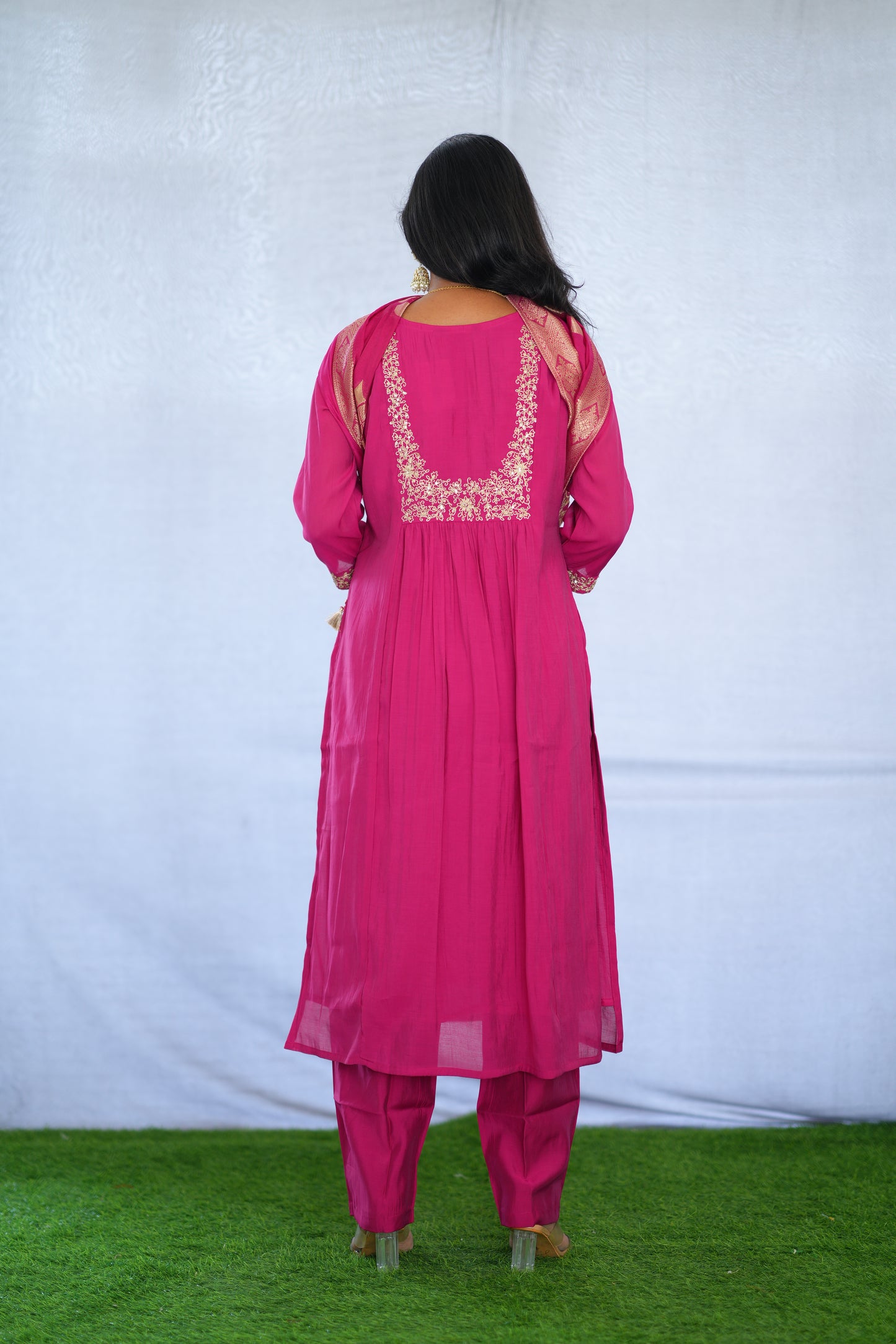 Rani Pink Color Viscose Fabric Party Wear 3 Piece set With Embroidery work