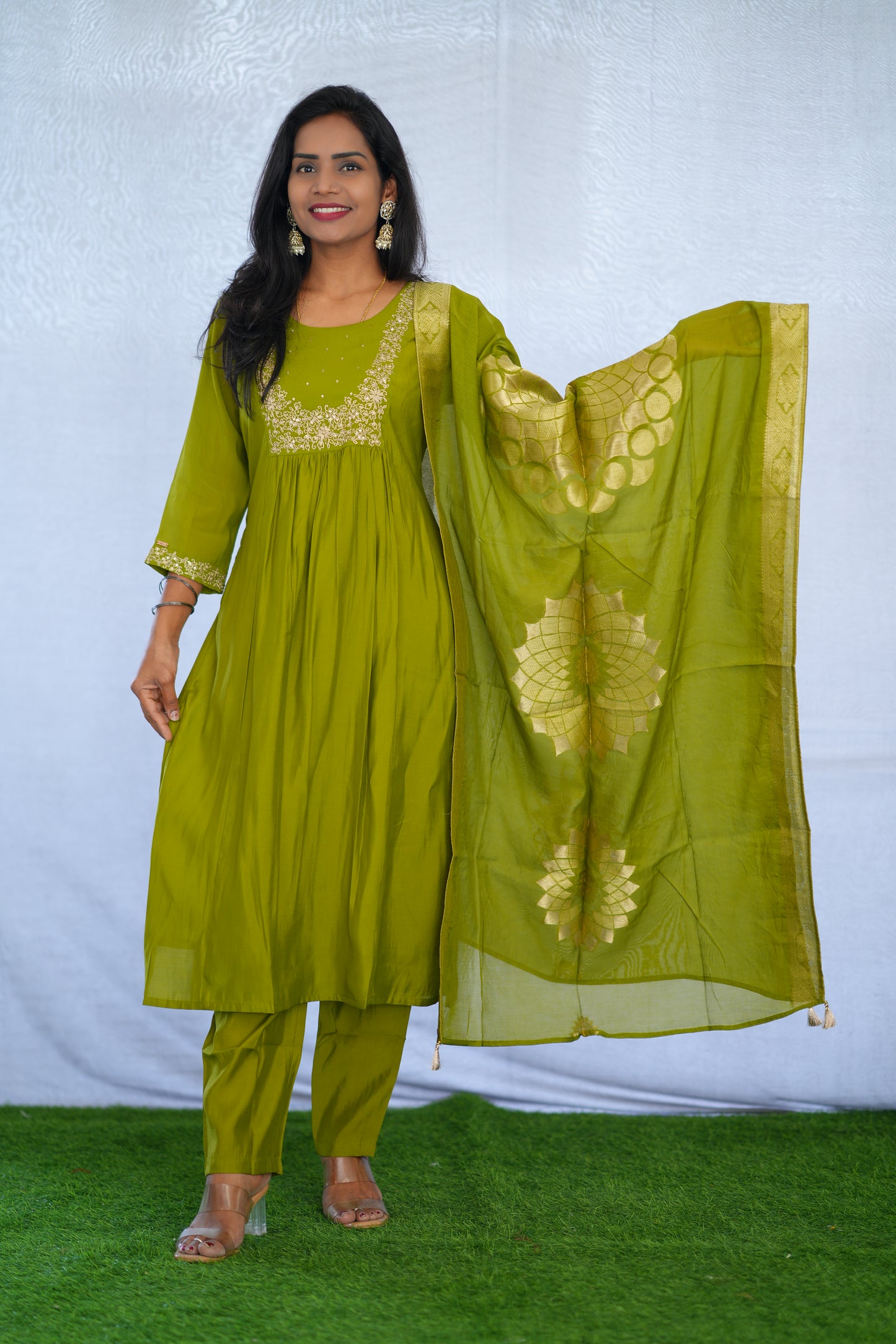 Mehendi Green Color Viscose Fabric Party Wear 3 Piece set With Embroidery work