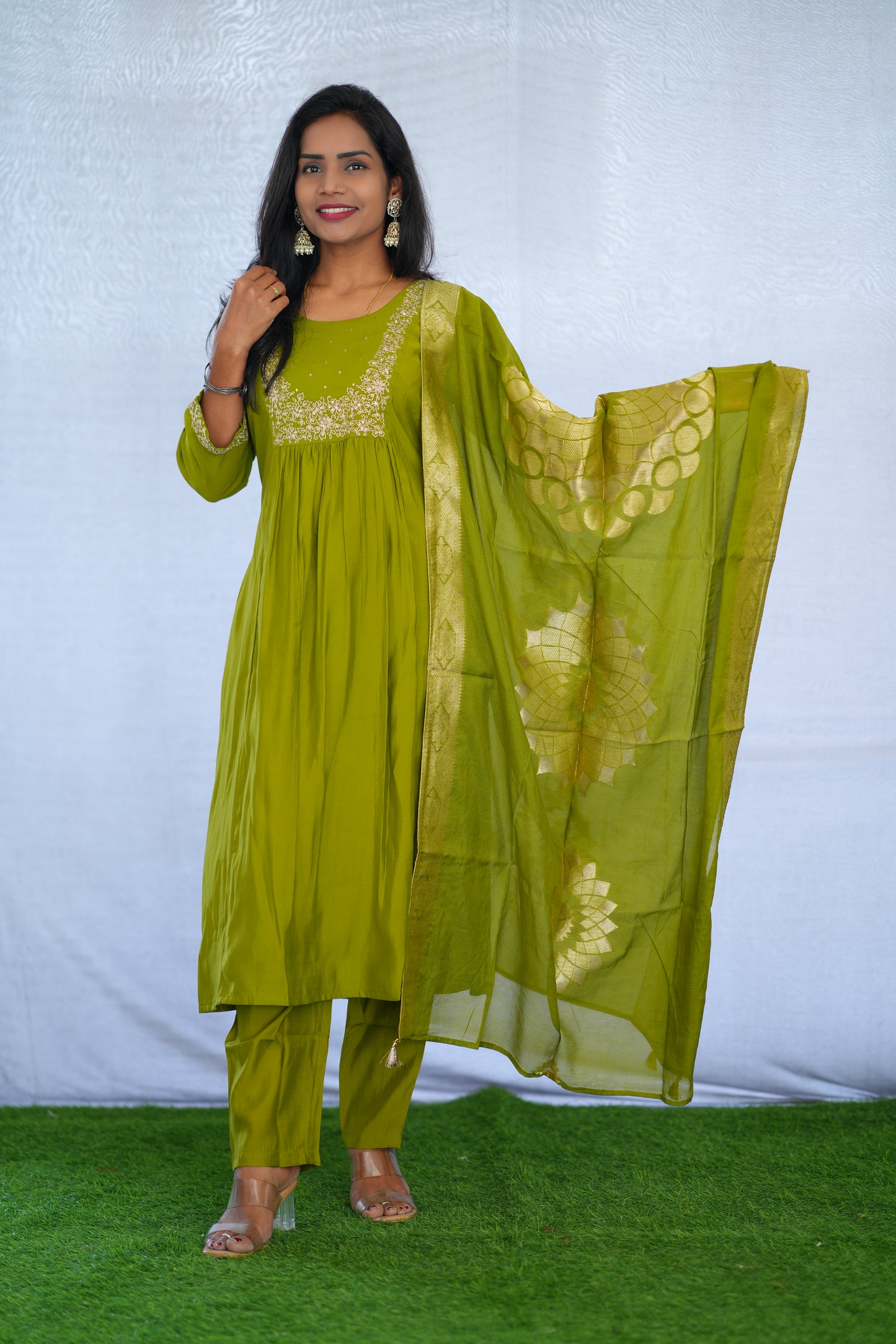 Mehendi Green Color Viscose Fabric Party Wear 3 Piece set With Embroidery work