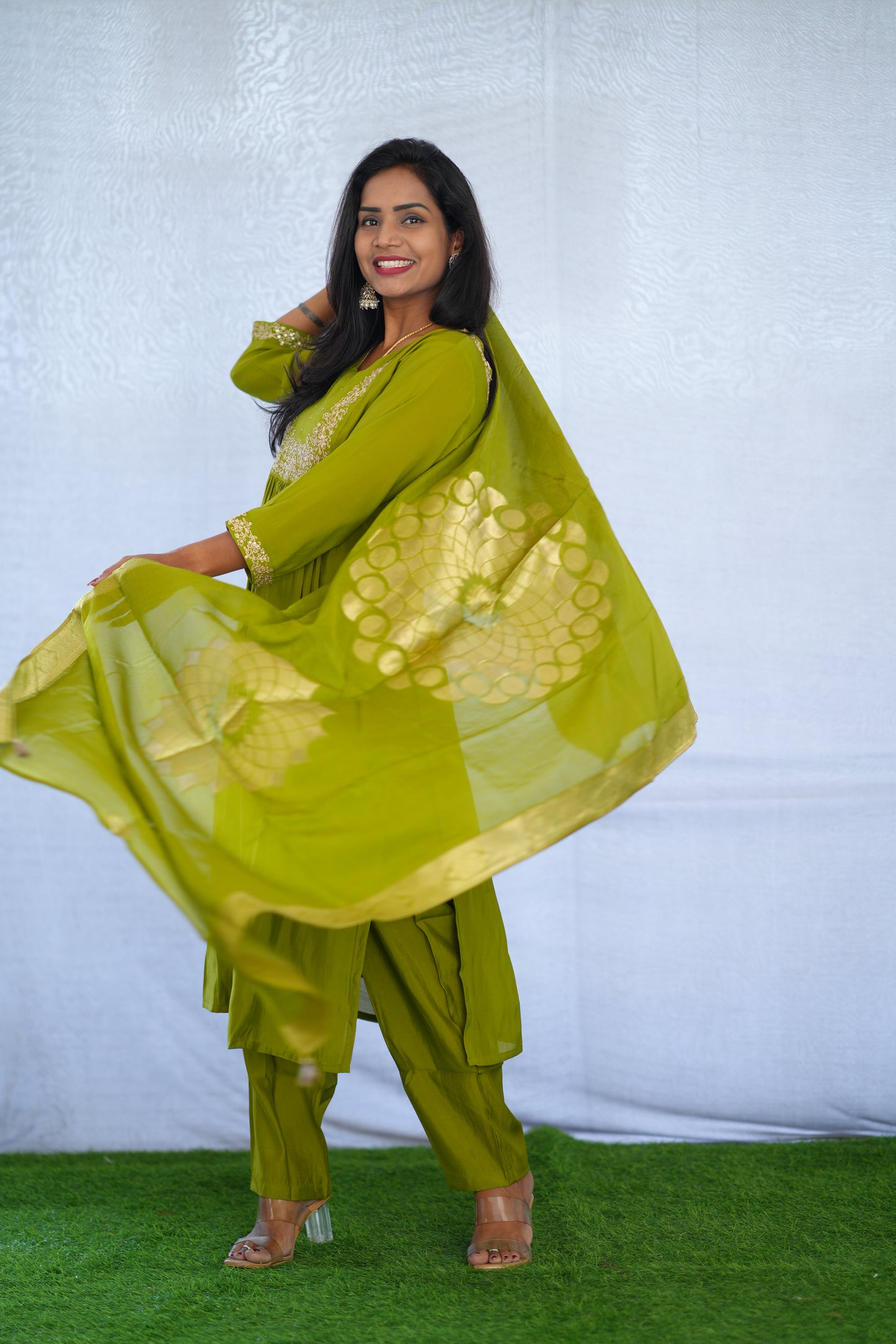 Mehendi Green Color Viscose Fabric Party Wear 3 Piece set With Embroidery work