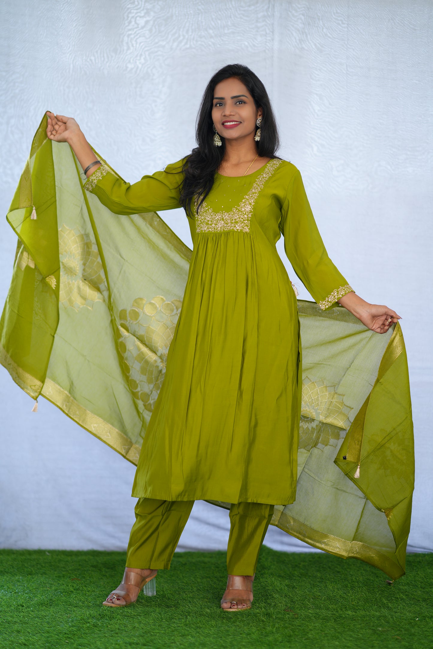Mehendi Green Color Viscose Fabric Party Wear 3 Piece set With Embroidery work