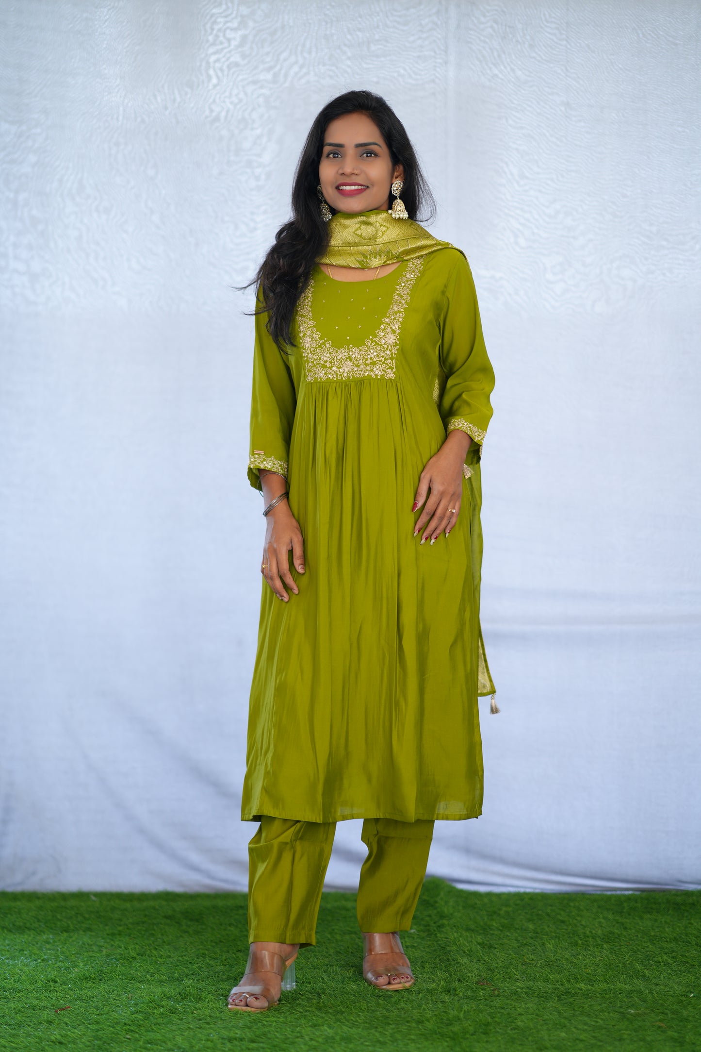 Mehendi Green Color Viscose Fabric Party Wear 3 Piece set With Embroidery work