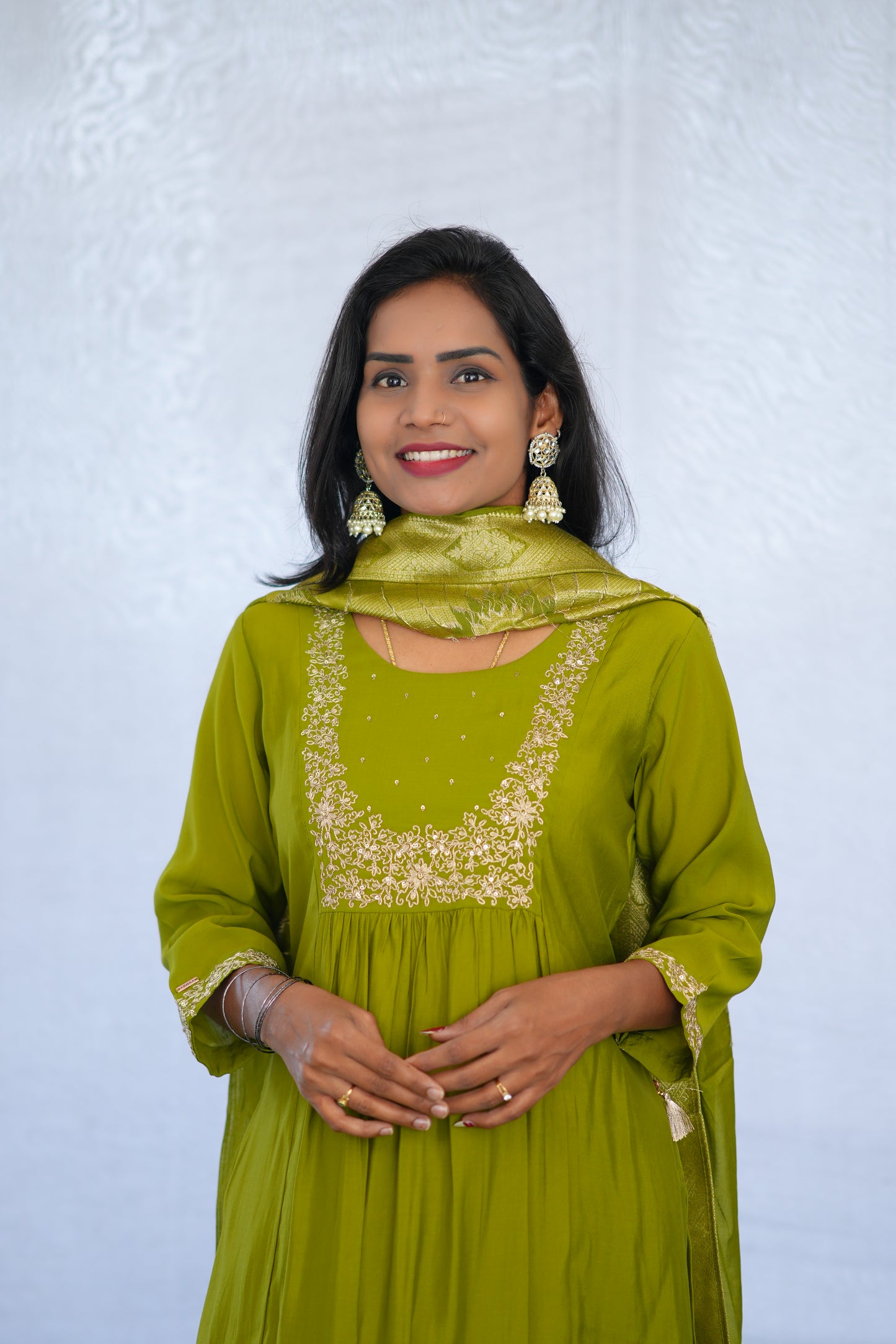 Mehendi Green Color Viscose Fabric Party Wear 3 Piece set With Embroidery work