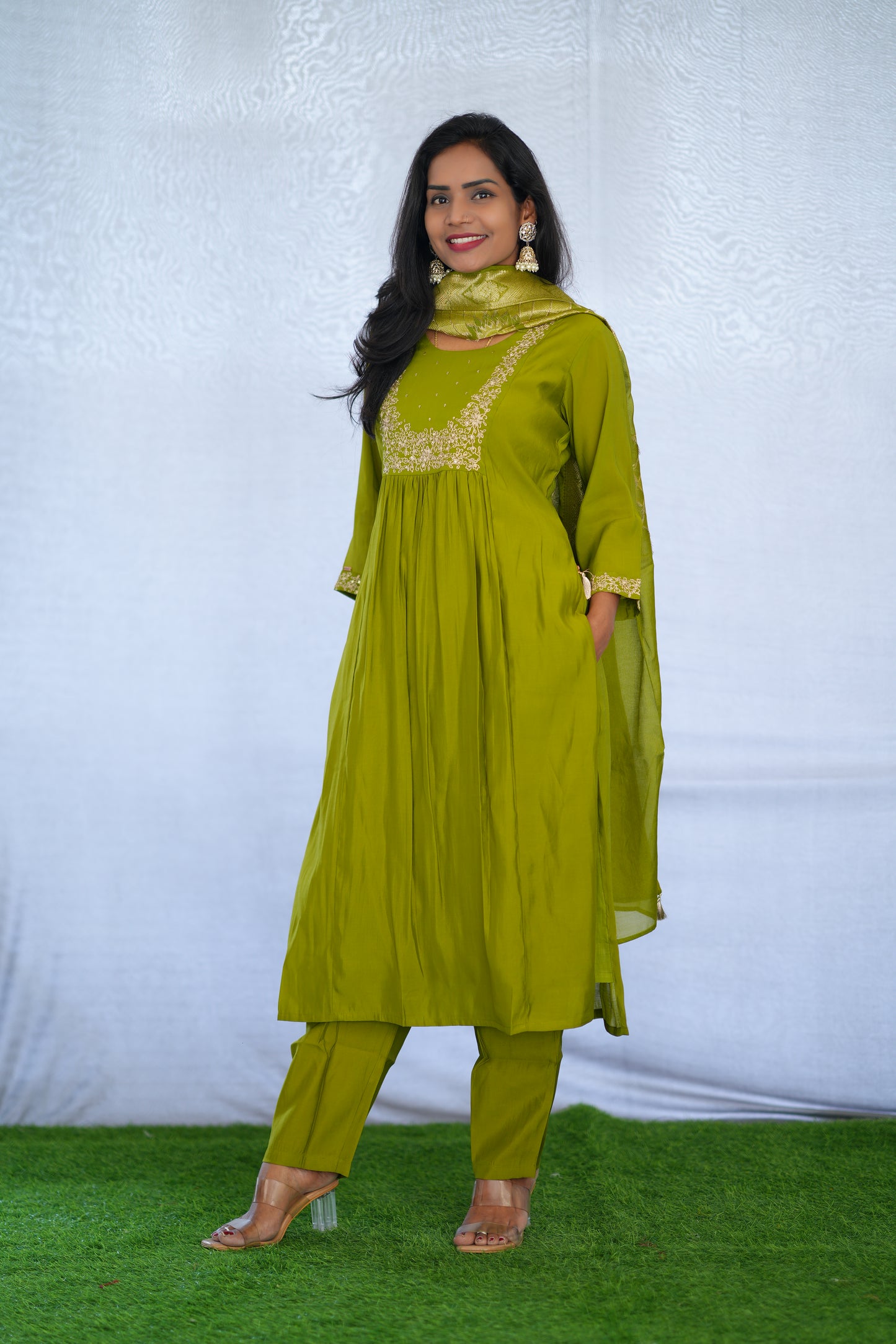 Mehendi Green Color Viscose Fabric Party Wear 3 Piece set With Embroidery work