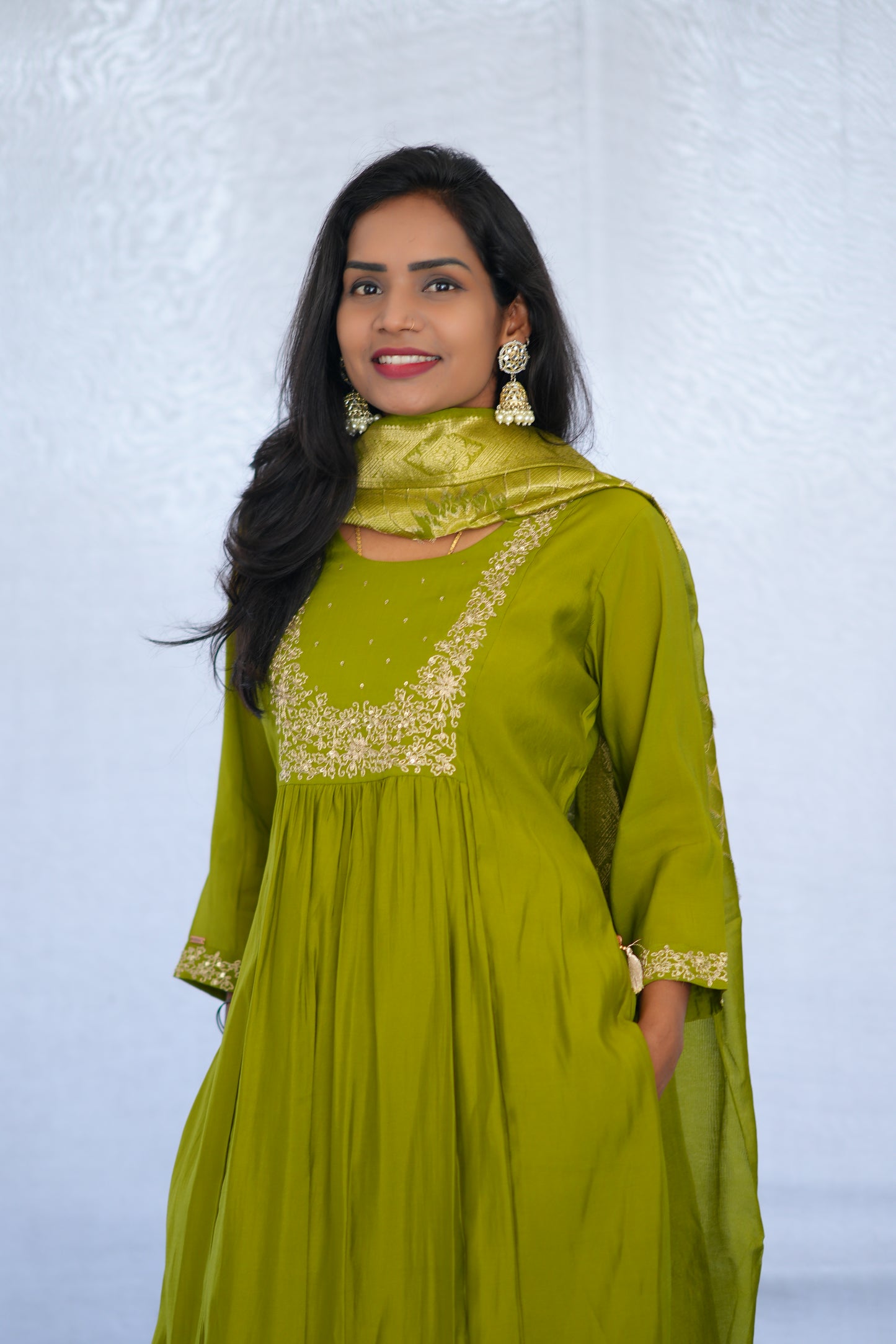 Mehendi Green Color Viscose Fabric Party Wear 3 Piece set With Embroidery work