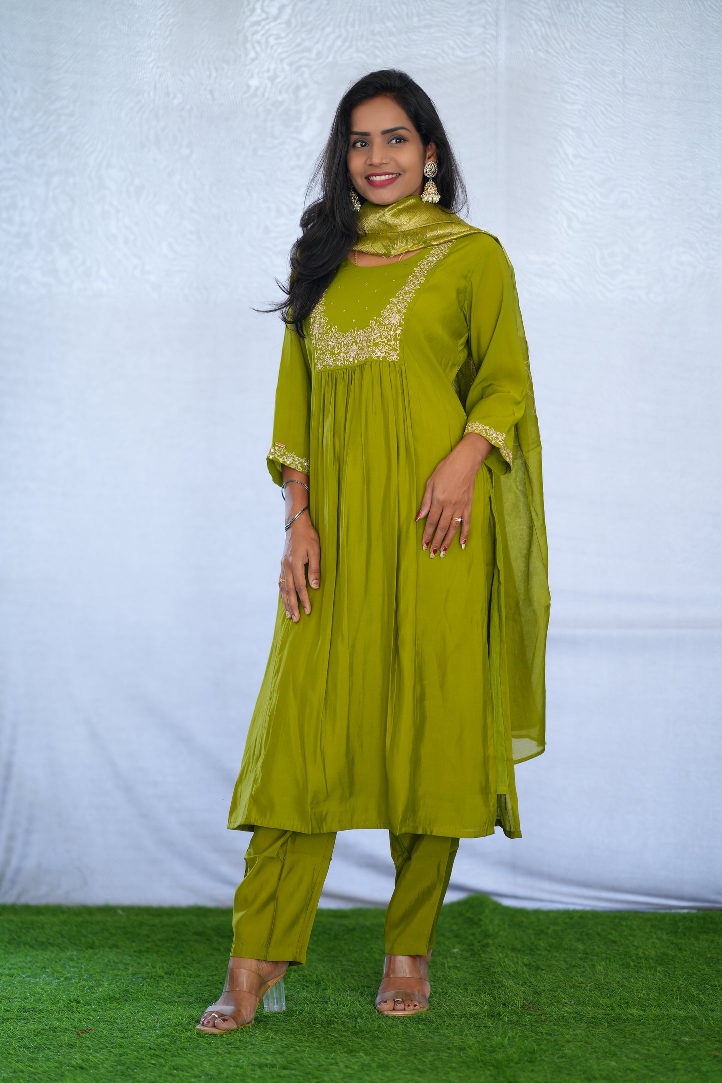 Mehendi Green Color Viscose Fabric Party Wear 3 Piece set With Embroidery work