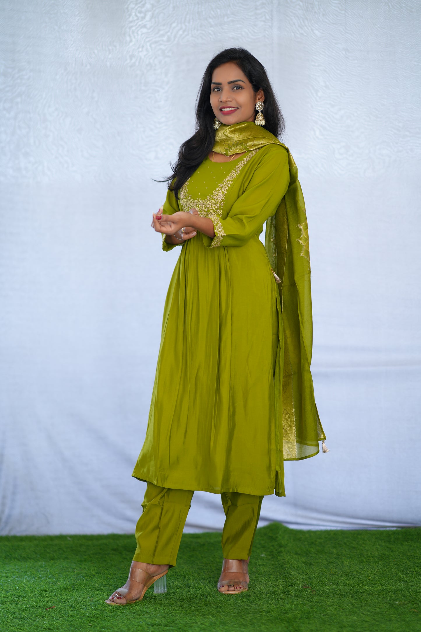 Mehendi Green Color Viscose Fabric Party Wear 3 Piece set With Embroidery work