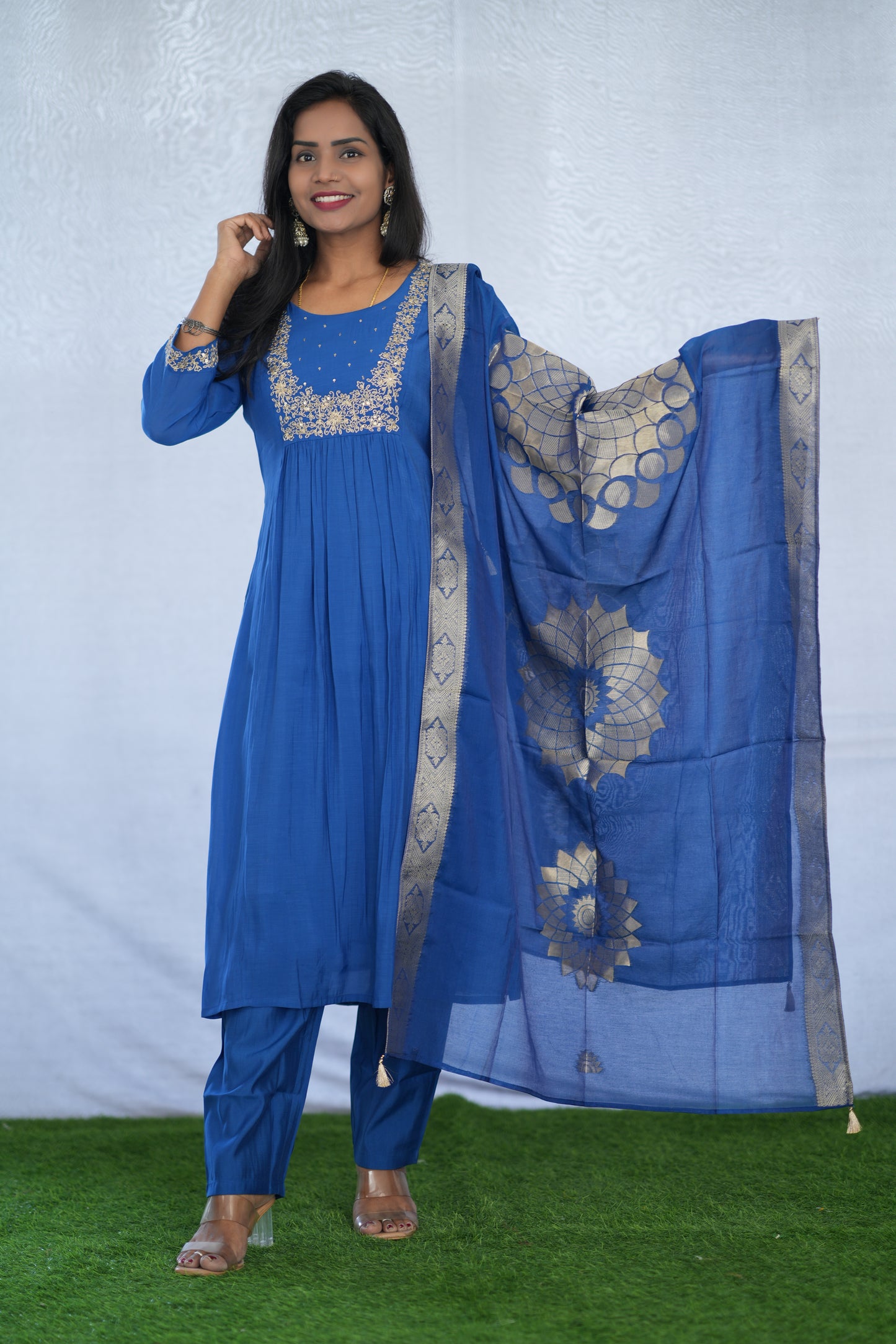 Blue Color Viscose Fabric Party Wear 3 Piece set With Embroidery work